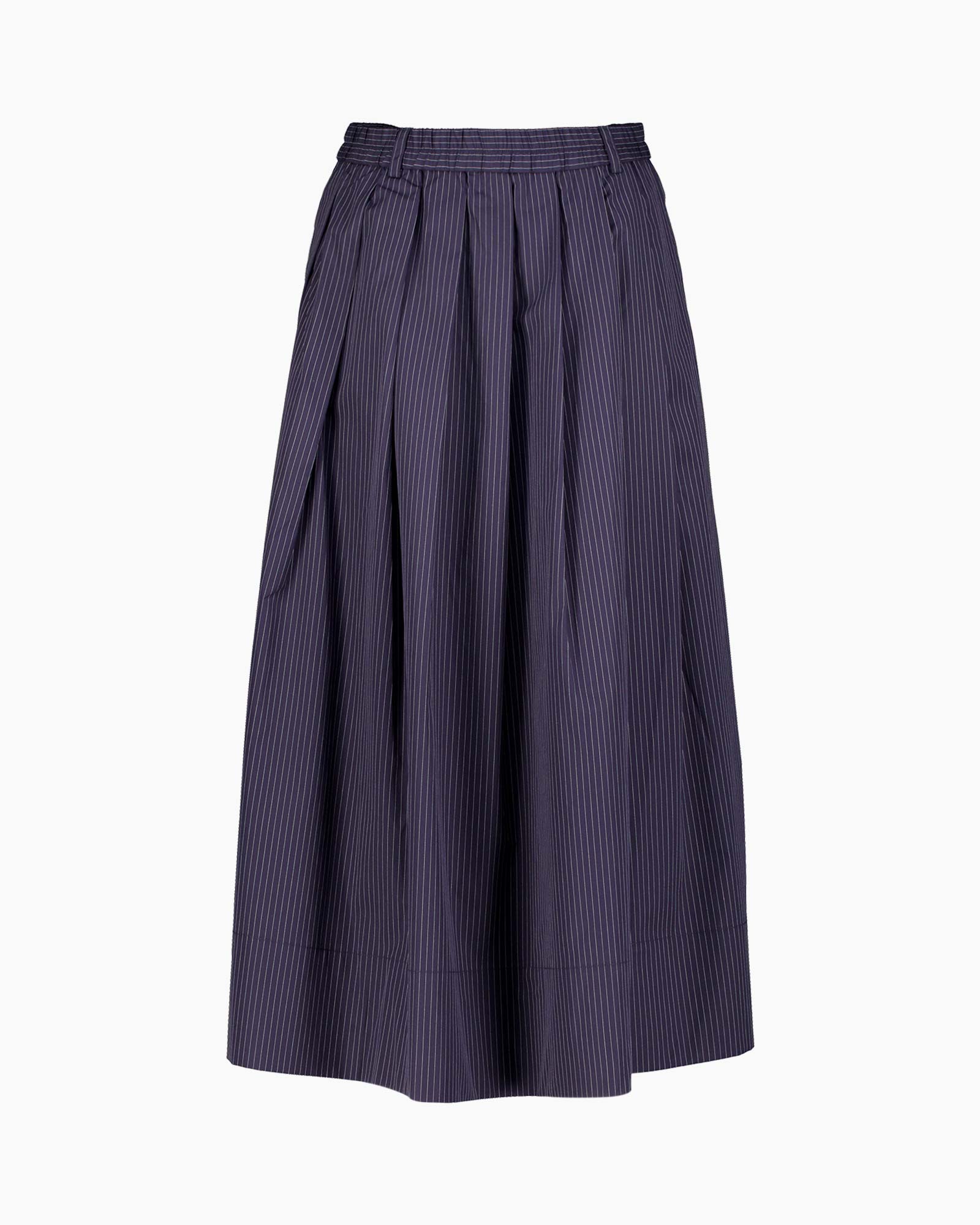Midi Rok Poplin Pinstripe Pleated Donker Blauw