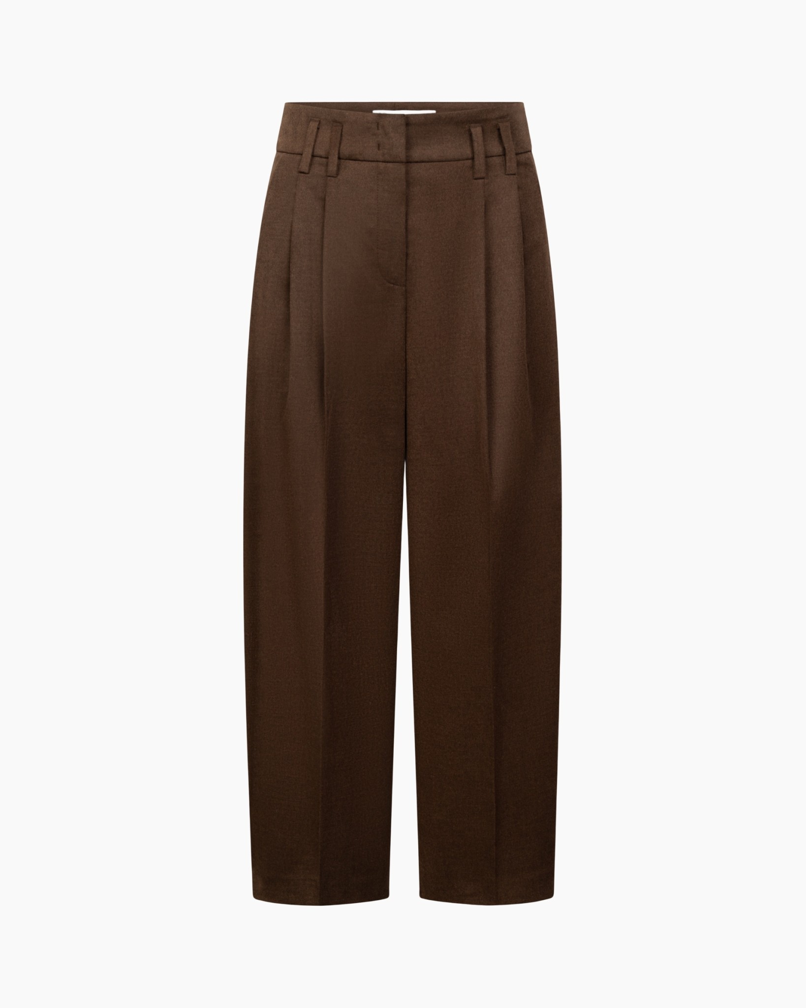 broek, broeken, bruin, wijd uitlopende, plooien