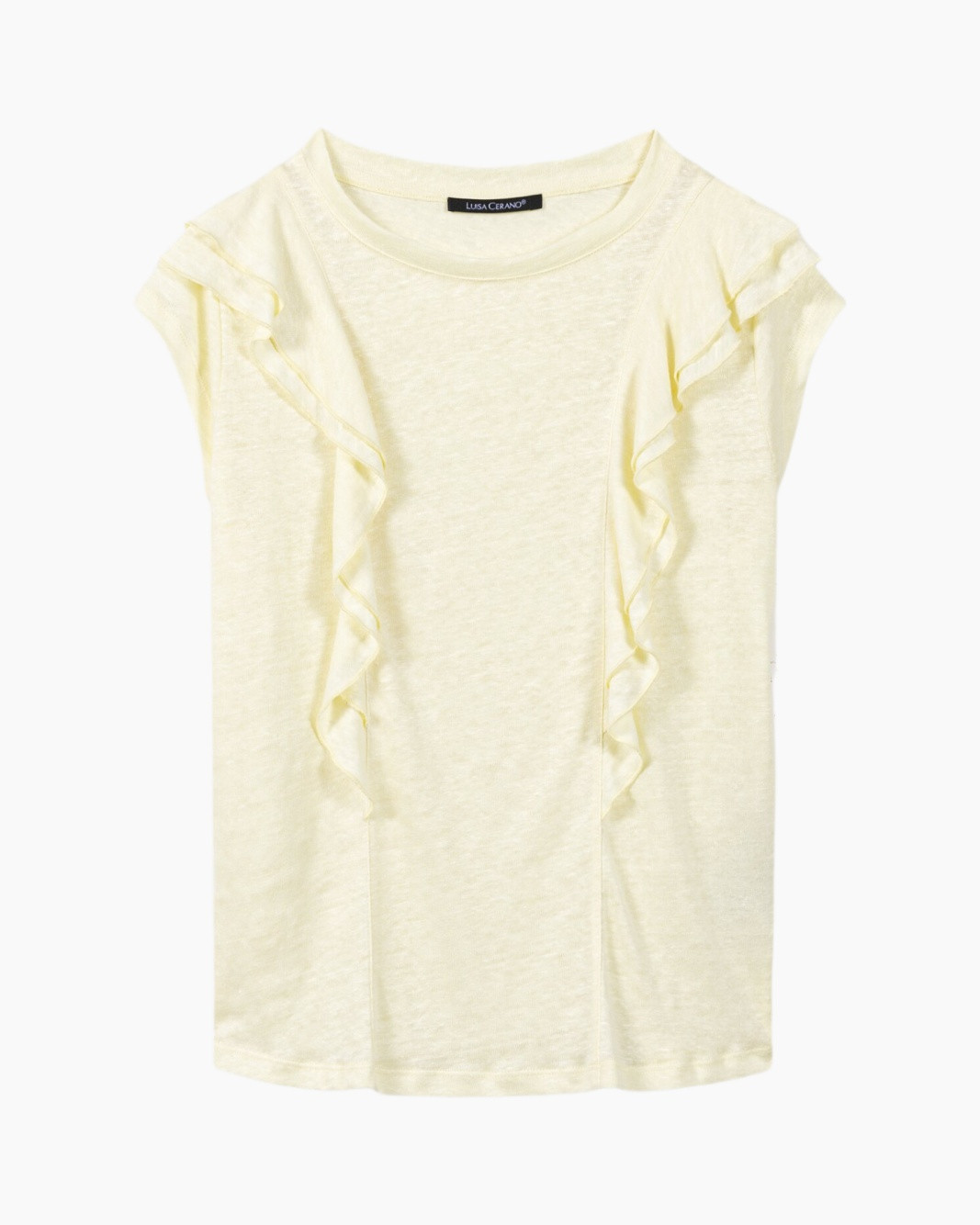 t-shirt, v-neck?, short sleeve, ruffle, yellow
