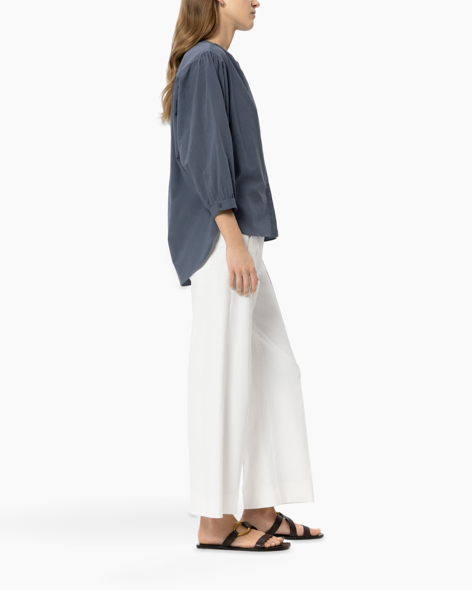 top, blouse, three-quarter sleeves, blue, loose fit, white wide-leg pants, sandals, female