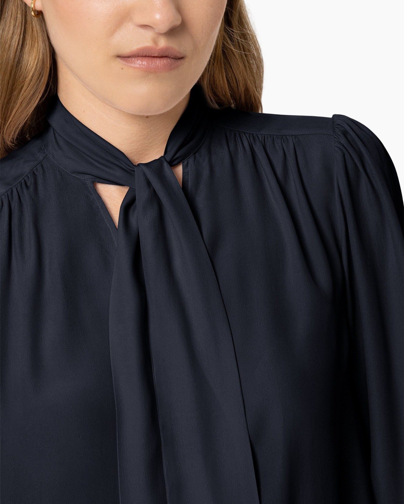 blouse, hals-tie, lange mouwen, pofmouw, marineblauw