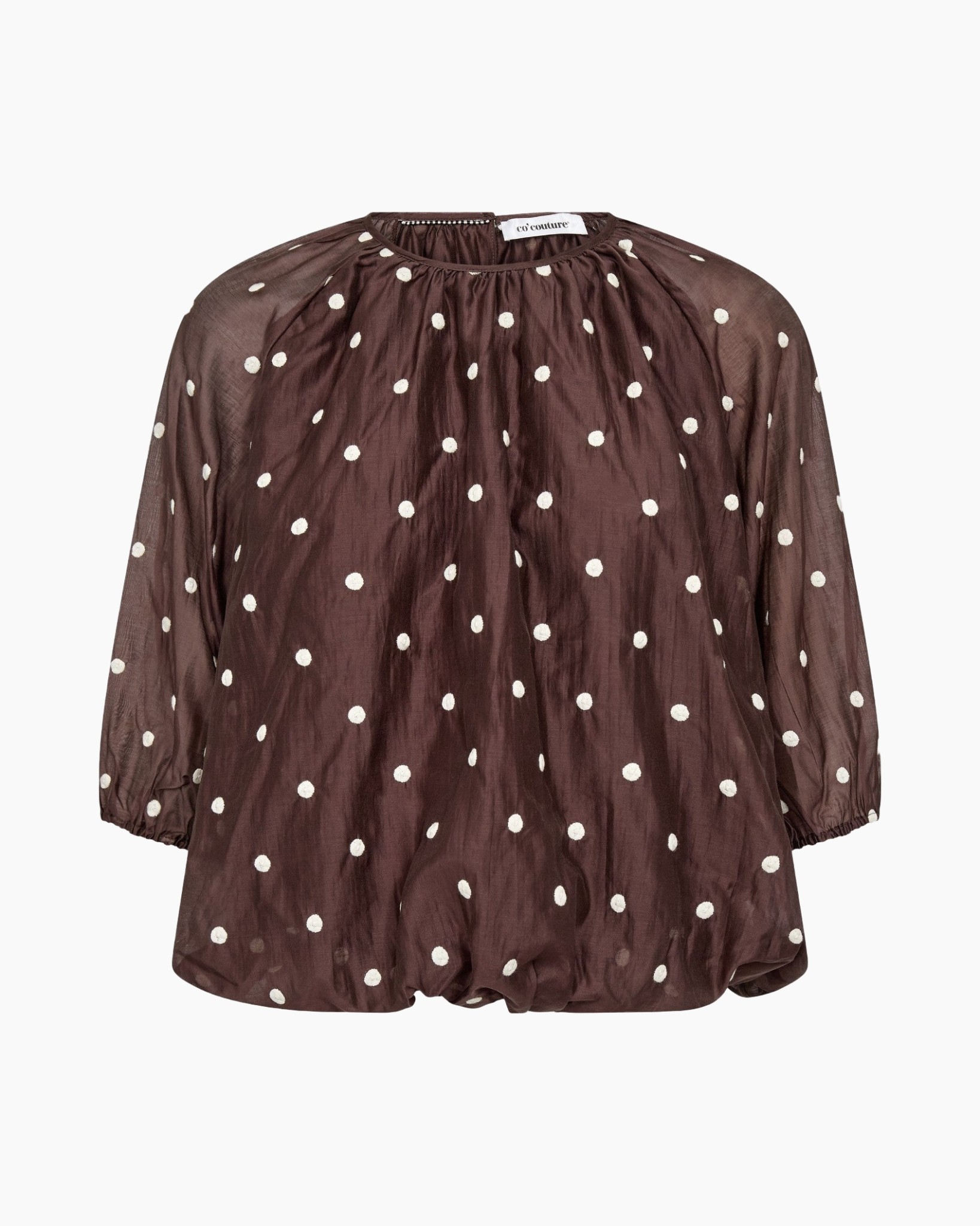 polka dot, blouse, bruin, doorslag, lange mouwen