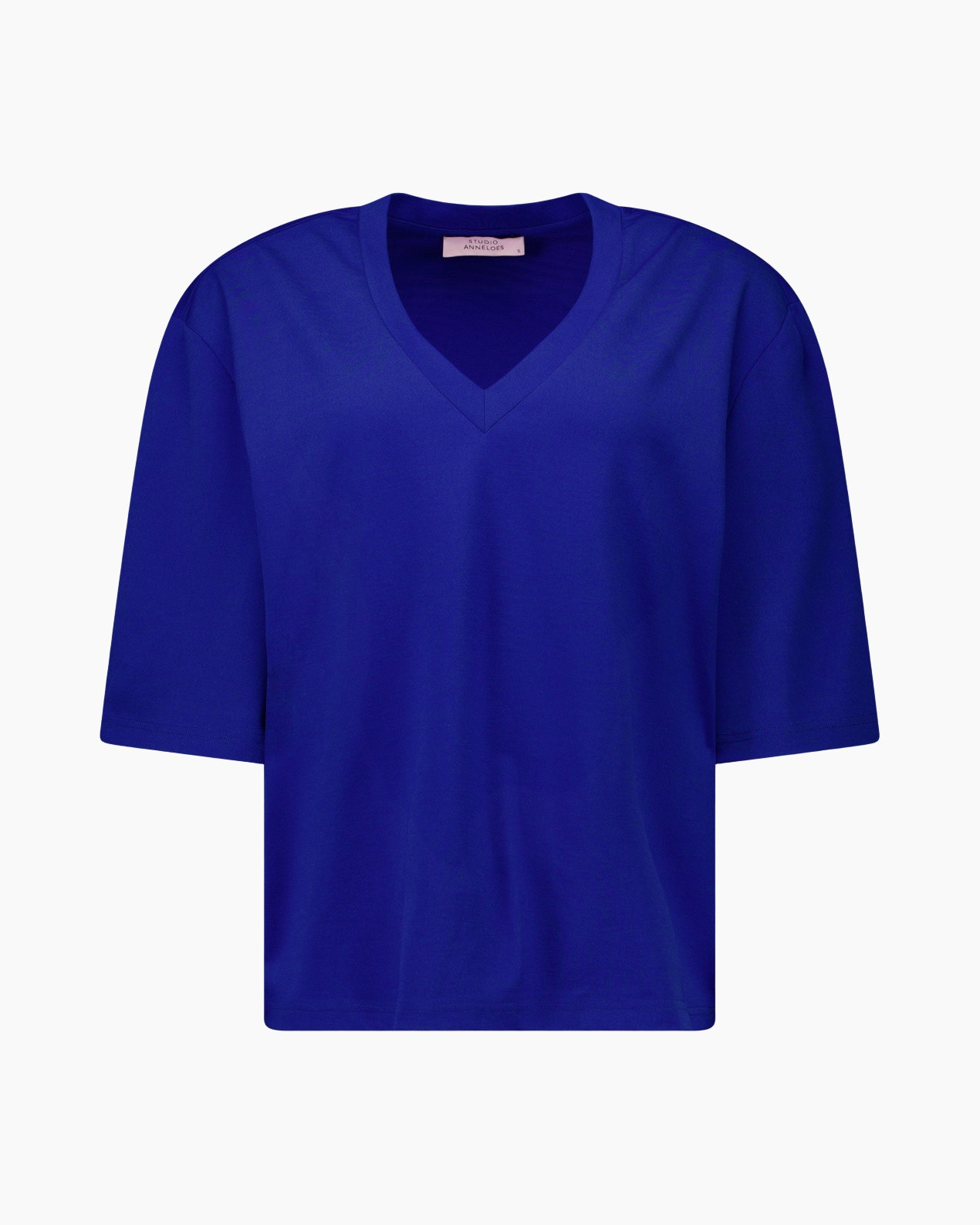 t-shirt, blauw, V-hals, korte mouwen, effen