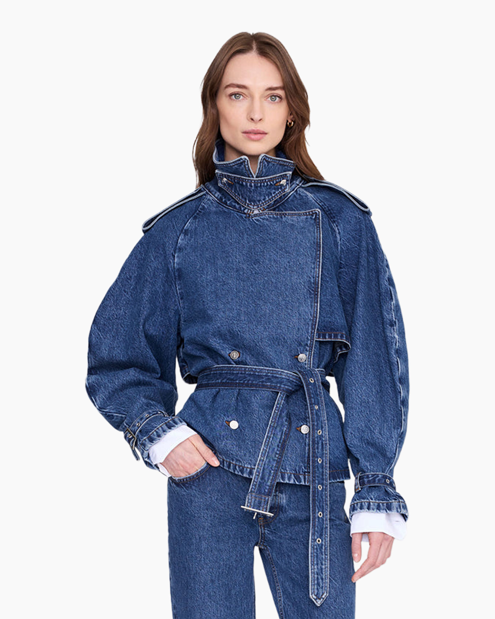 denim, jas, spijkerbroek, riem, zakken