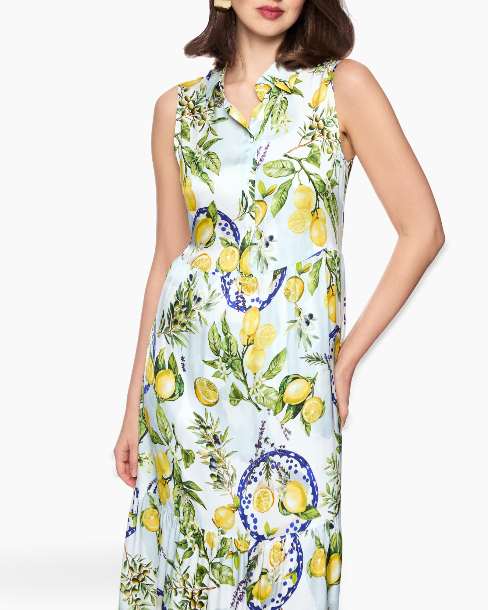 jurk, mouwloos, citroen print, bloemen patroon, lichtblauw