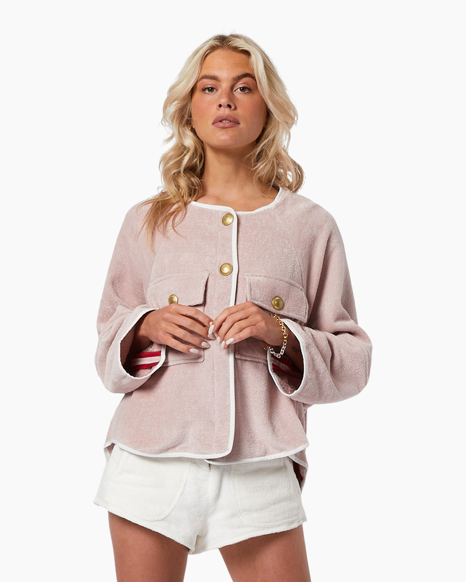 cardigan, pink, loose, gold buttons, pockets
