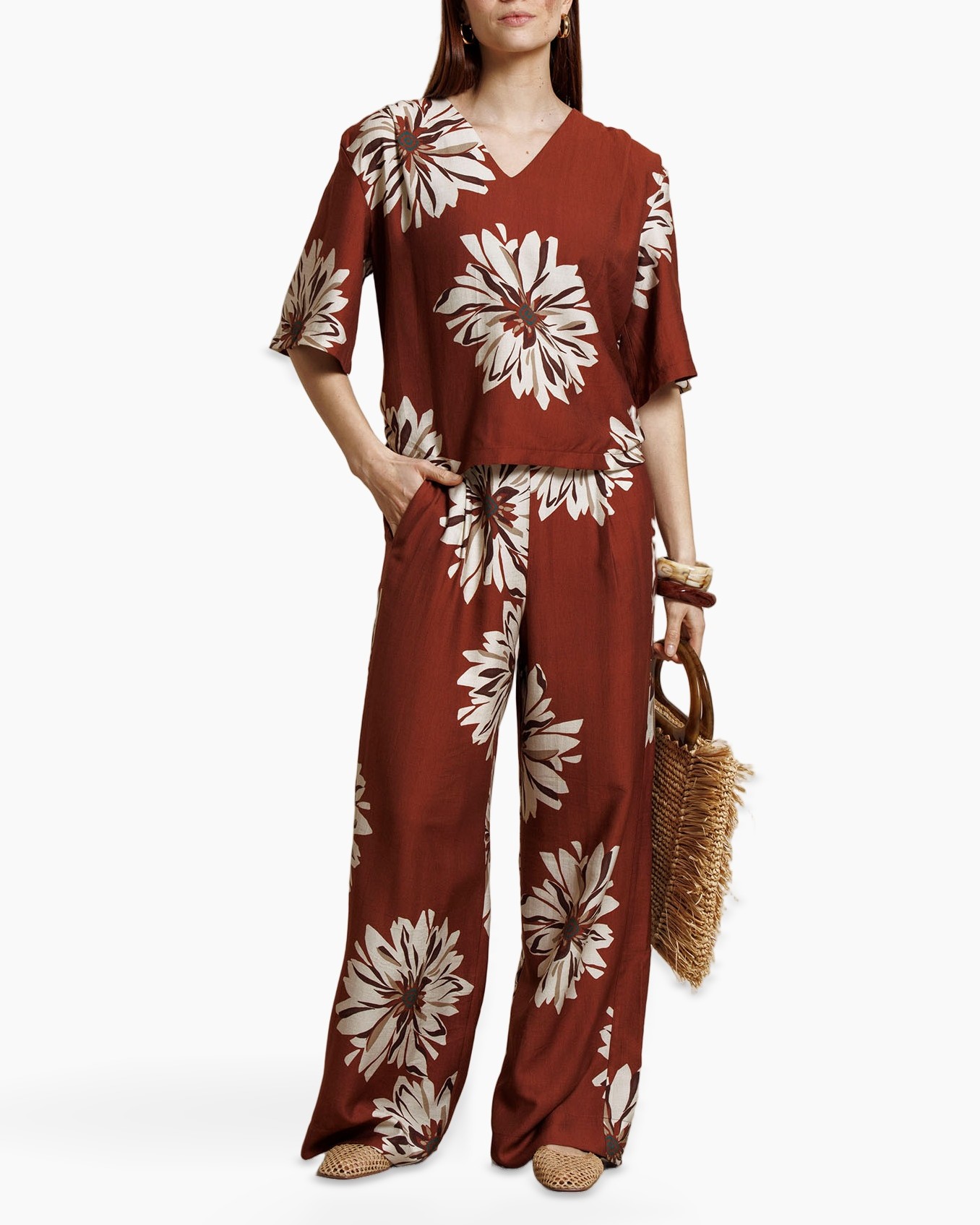 brede pijpen, bloemen patroon, terra cotta, linnen-achtig, zomerbroek