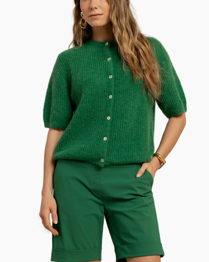 knit cardigan, green top, short sleeves, button front, emerald green