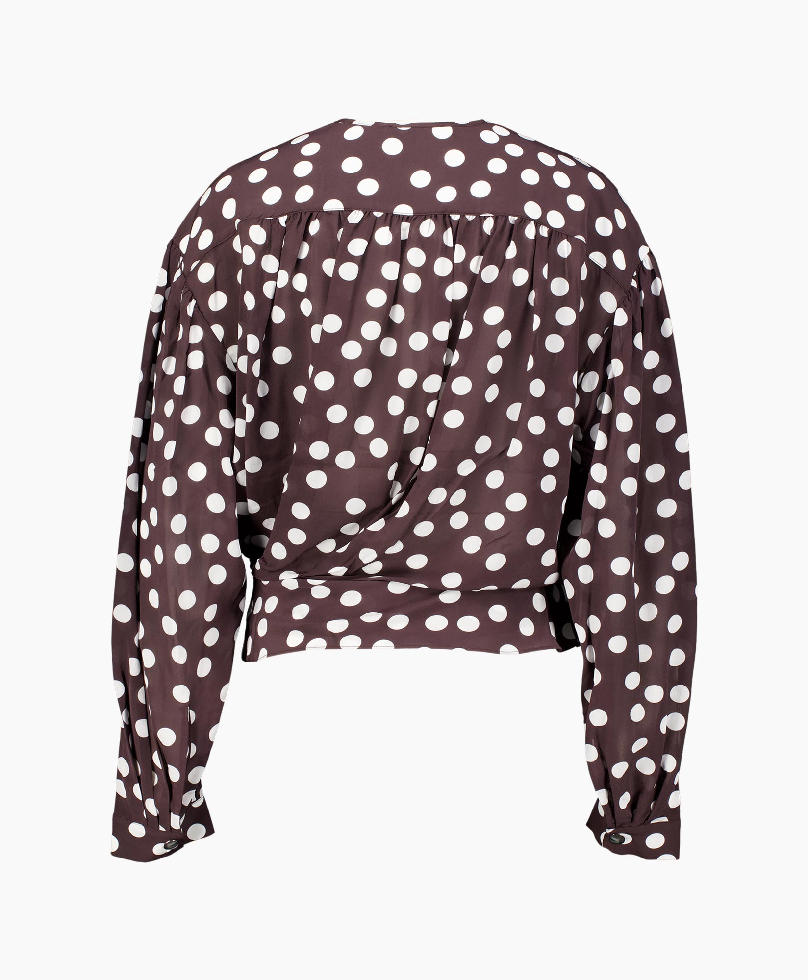 blouse, polka dot, wrap, lange mouwen, getailleerde
