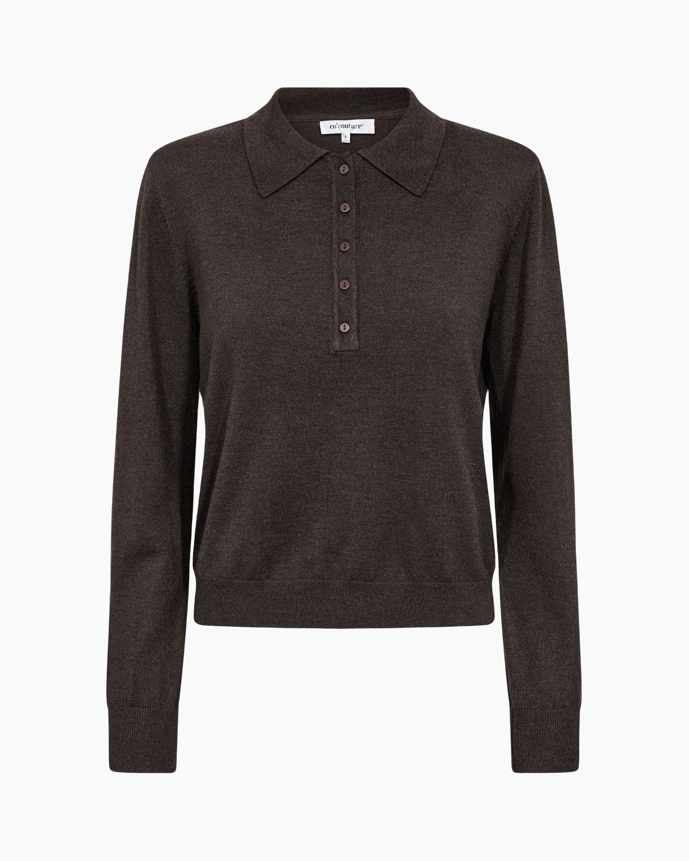 poloshirt, lange mouw, knopenvoering, gekraagde top, donkerbruin