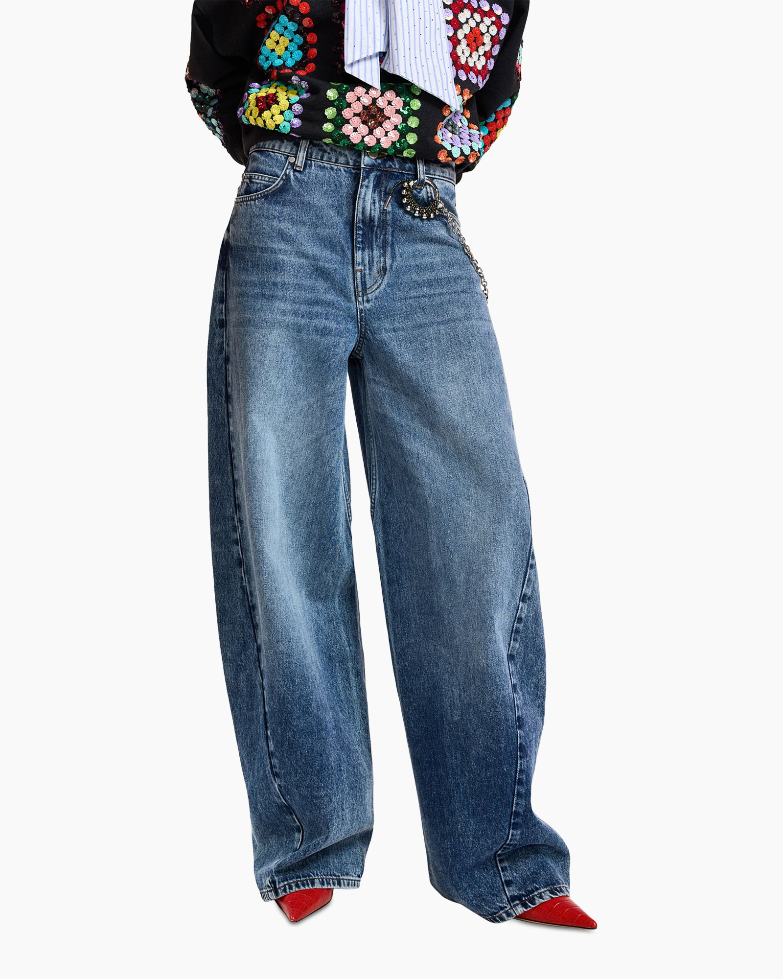 broek, wijdlopende, blauw denim, hoge taille, geribd