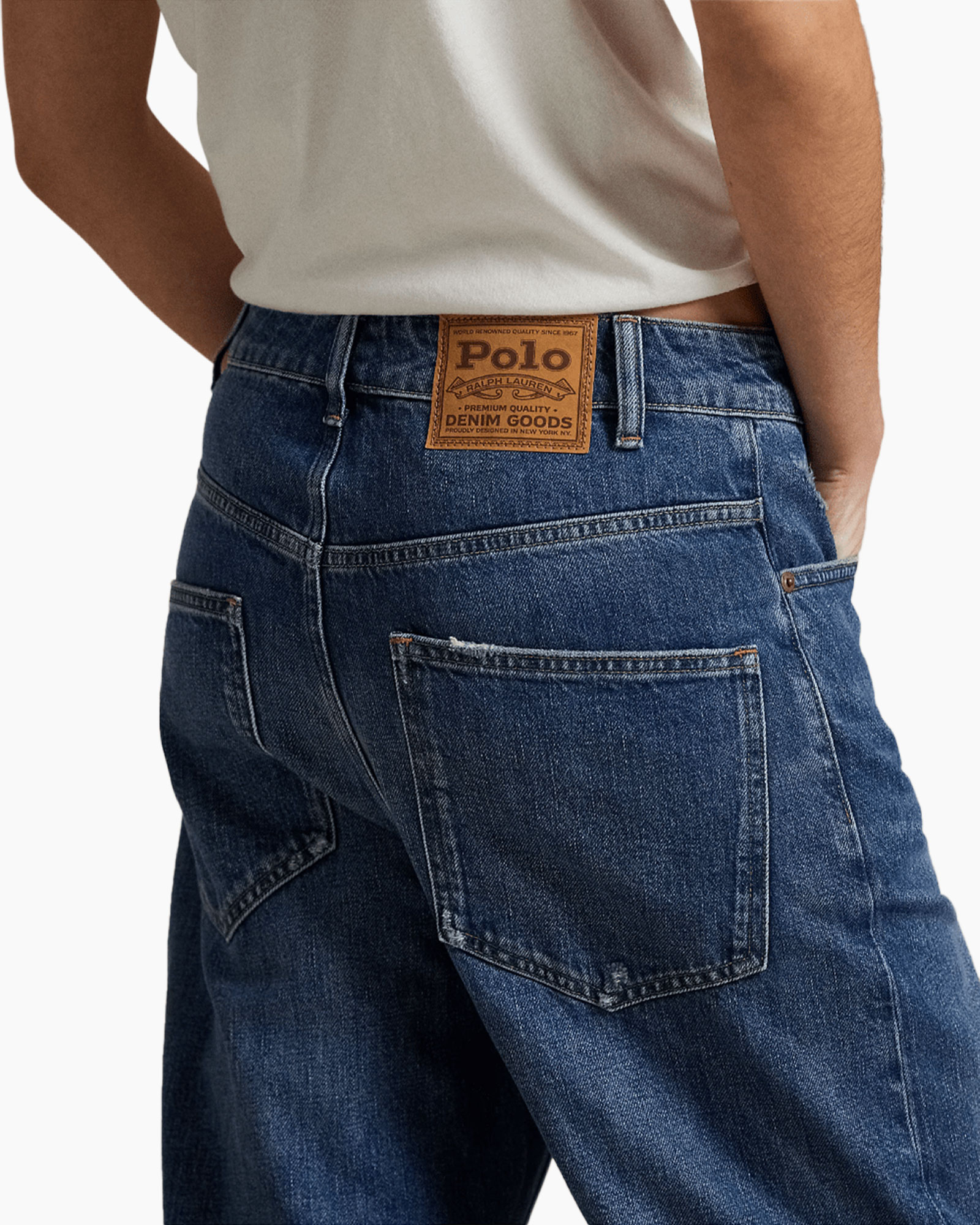 spijkerbroek, denim, achterzakken, lederen label, blauw