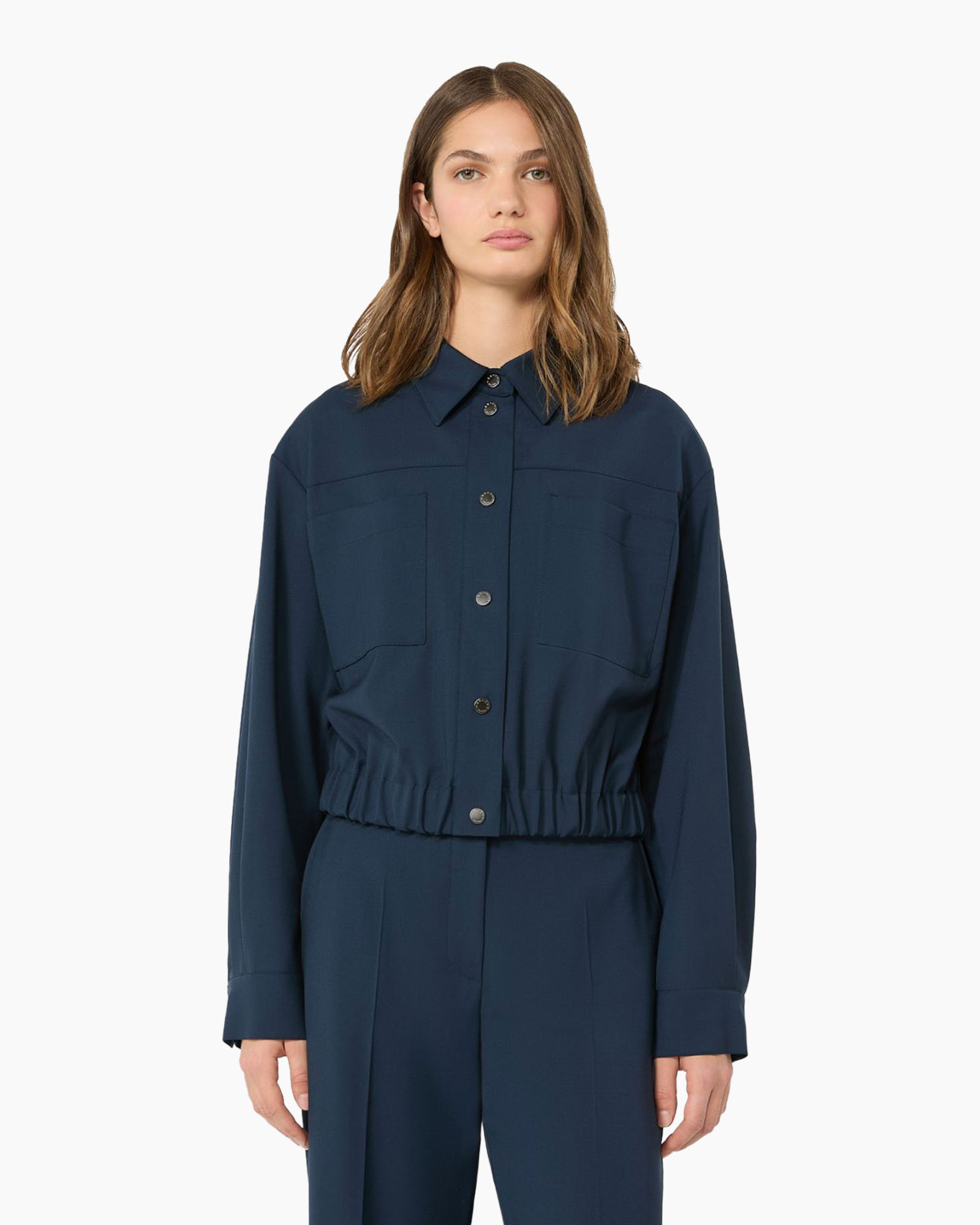 jumpsuit, langer mouw, kraag, elastische taille, donkerblauw