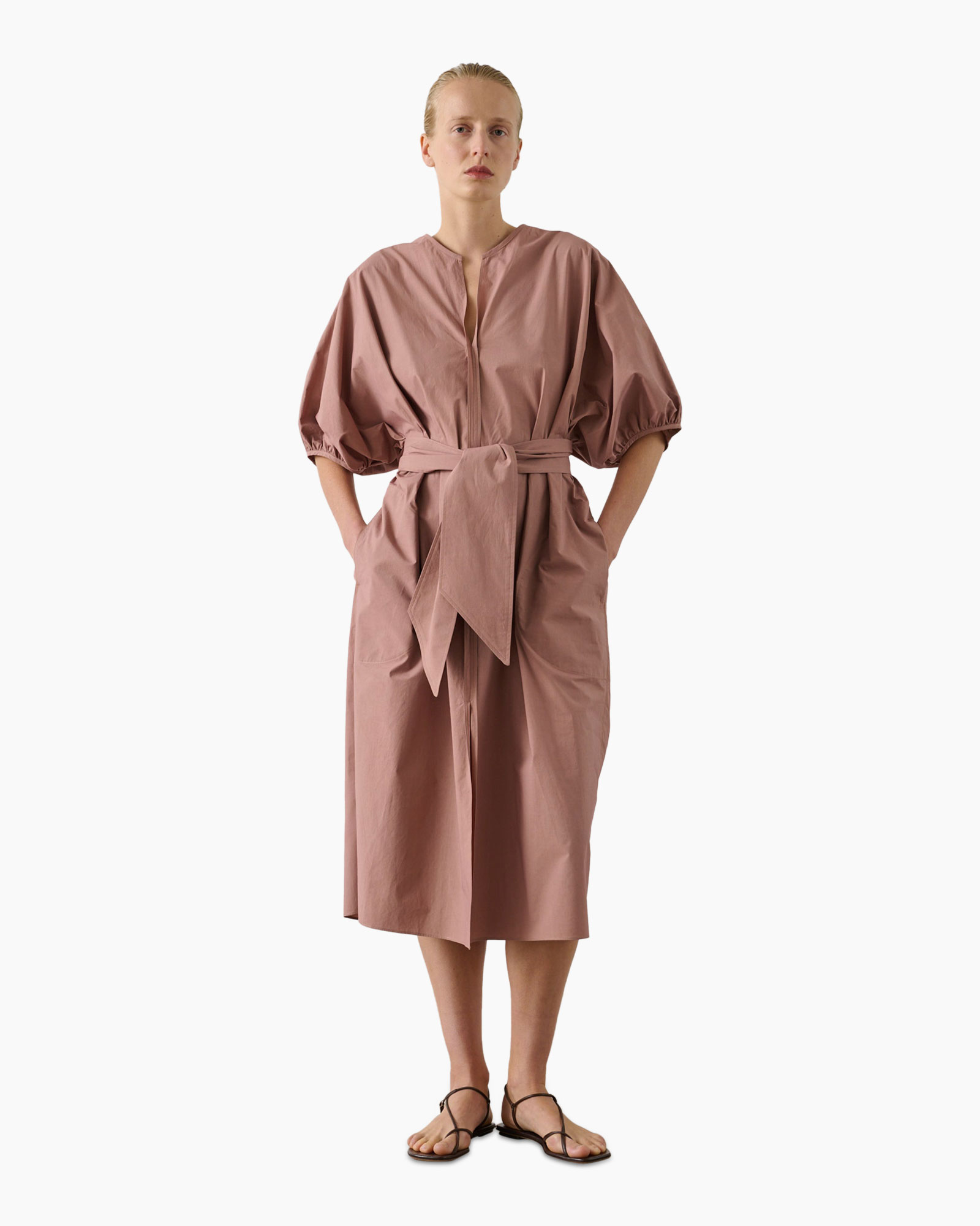 dress, pink, mid-length, belted, puff-sleeve