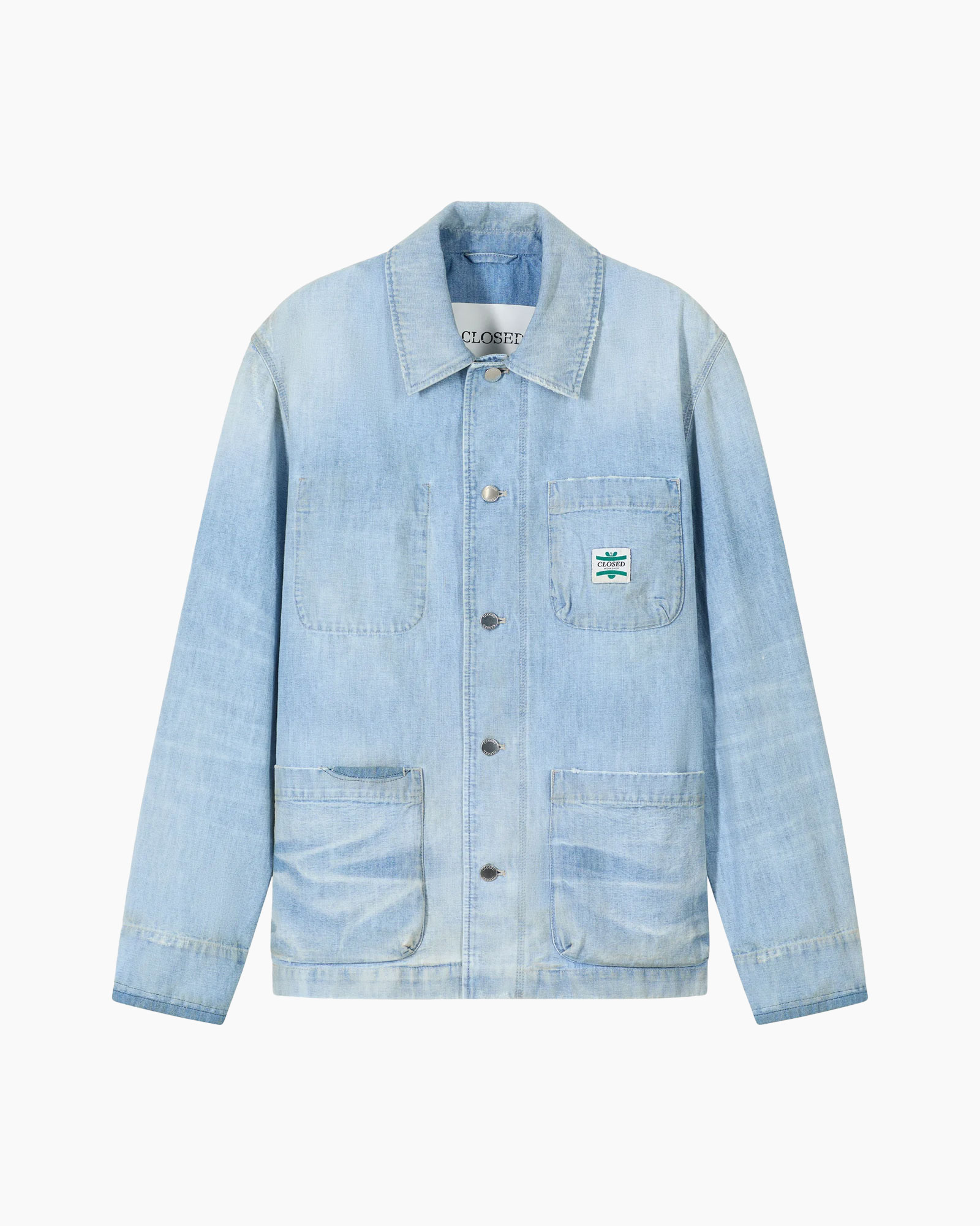 denim, jasje, lichte wassing, knopsluiting, patchzakken