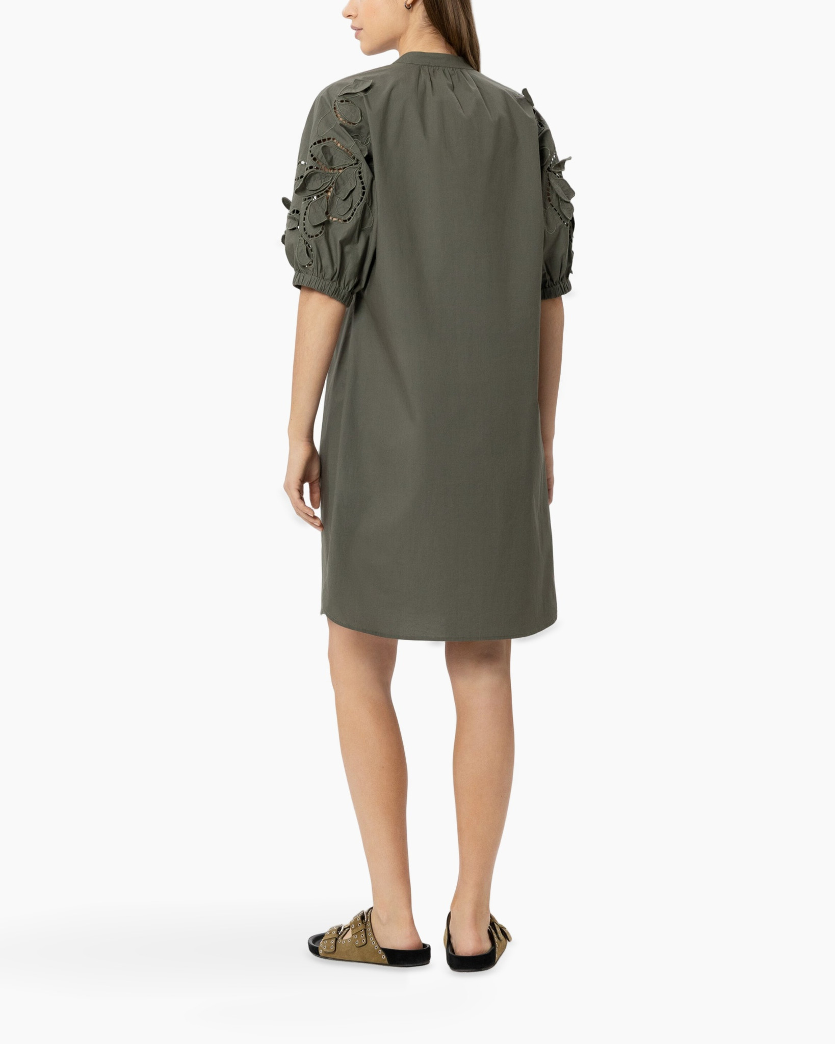 jurk, lange mouwen, olijfgroene, borduurwerk, tunika jurk