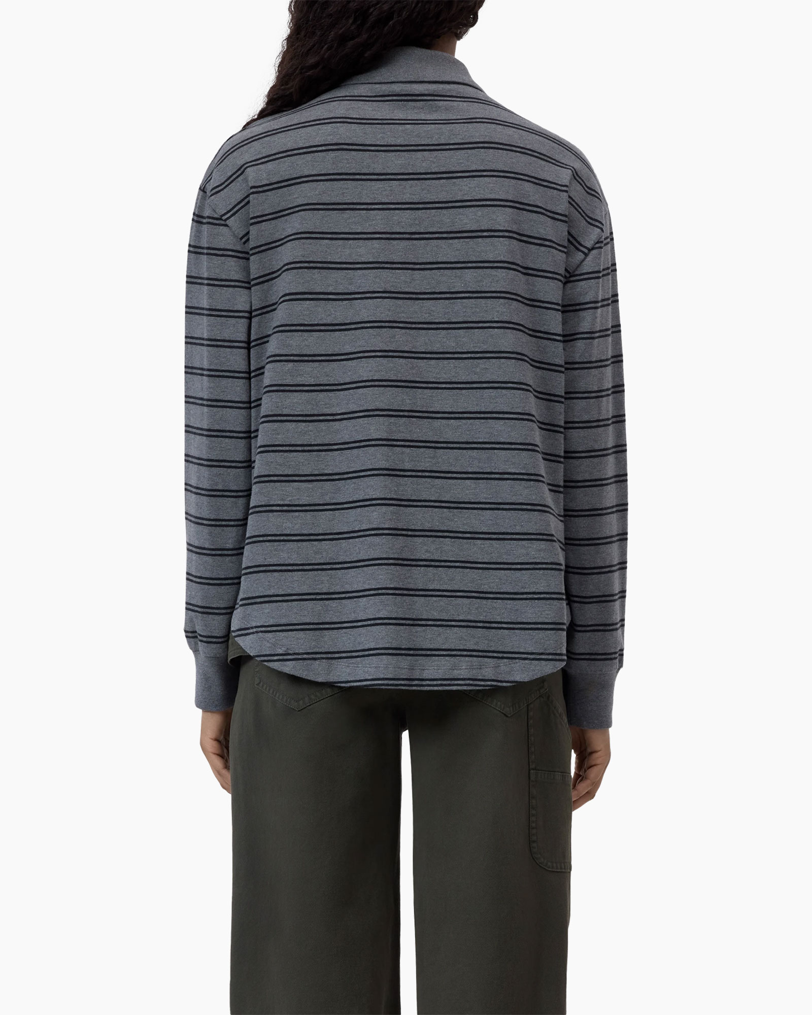 gepPatterned polo, langer mouw polo, breipolo, grijs gestreept, casual top