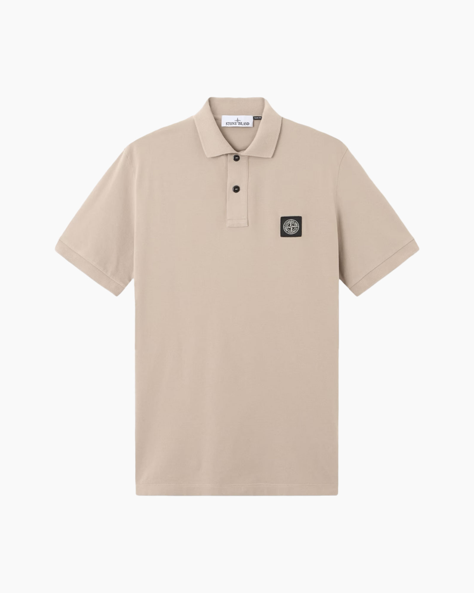 polo shirt, beige, short sleeve, collar, logo patch