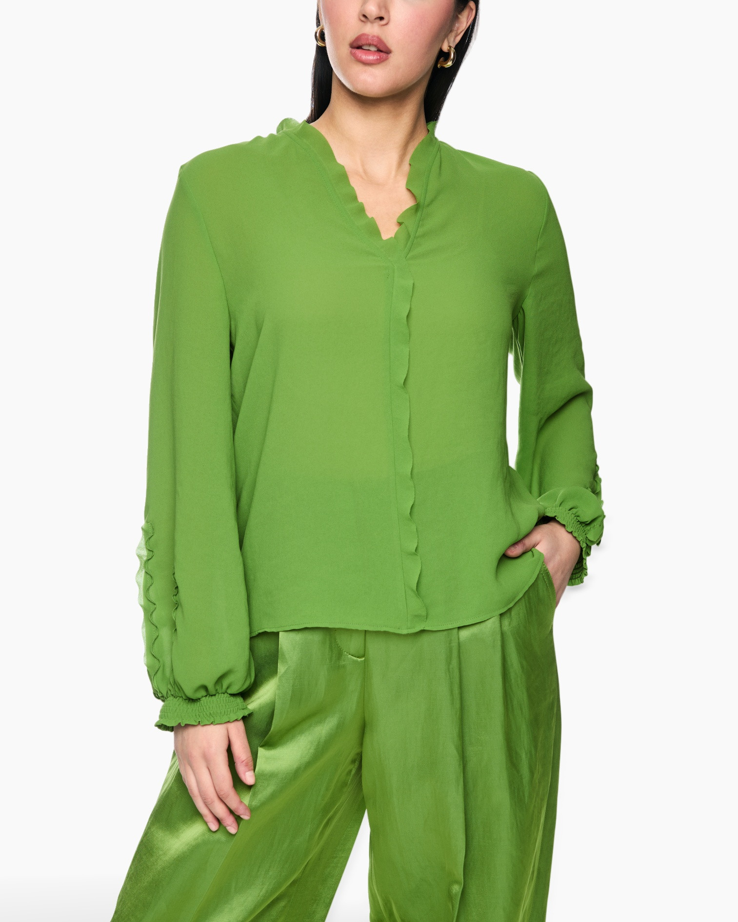 groen, blouse, lange mouwen, kraag, rimpel/details