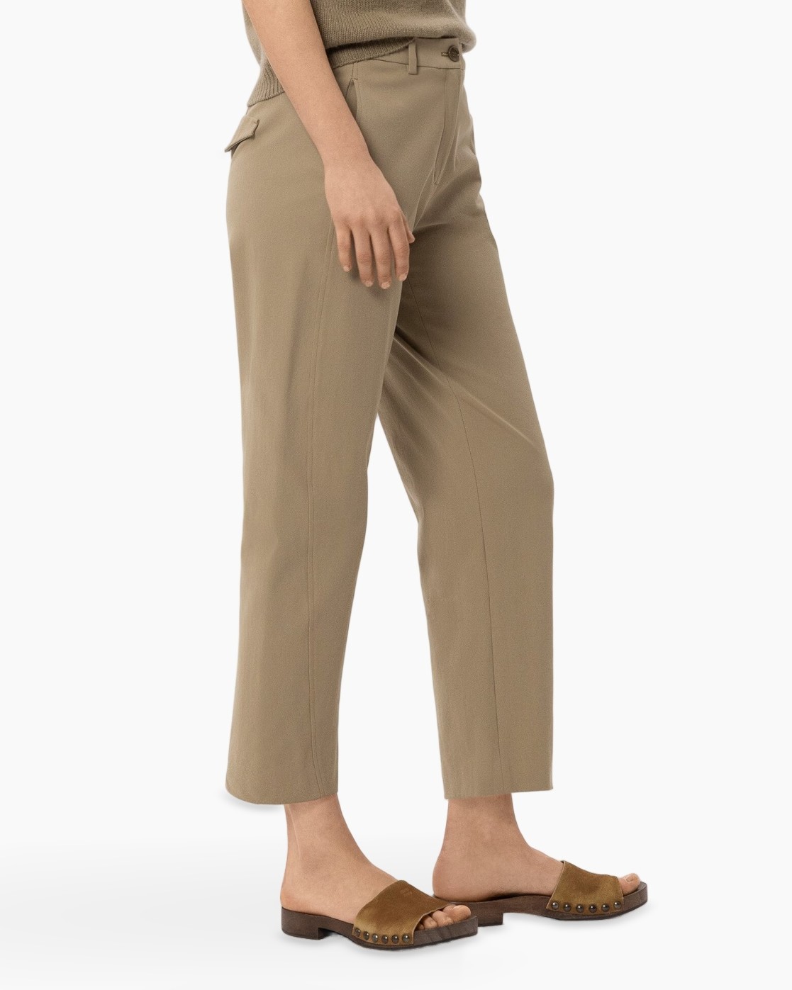 broeken, khaki, broeken, rechte, middelhoog, khaki broeken, getailleerde pasvorm, enkellengte, zakflap, slipsandalen