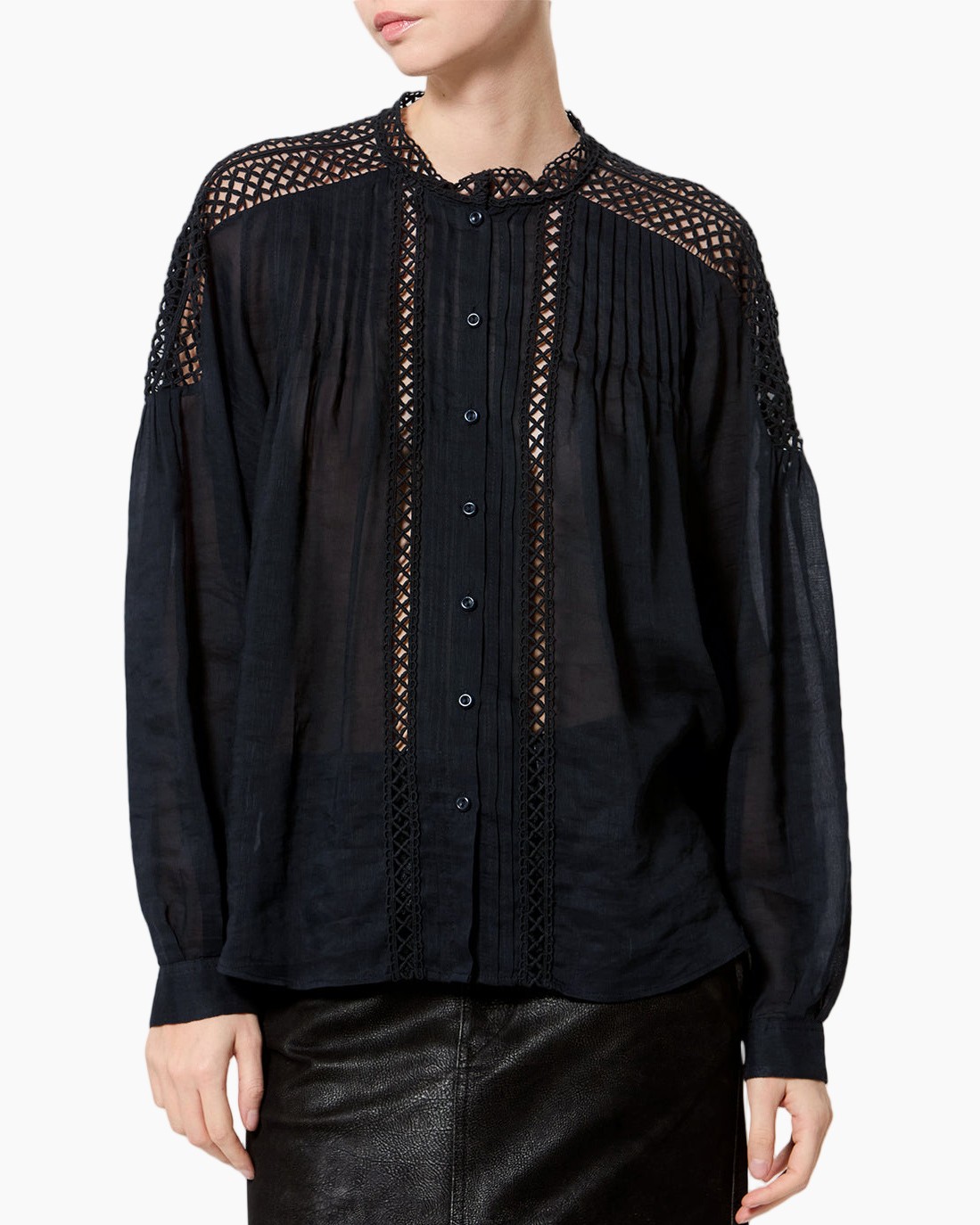 blouse, zwart, kante, doorzichtig, lange mouwen