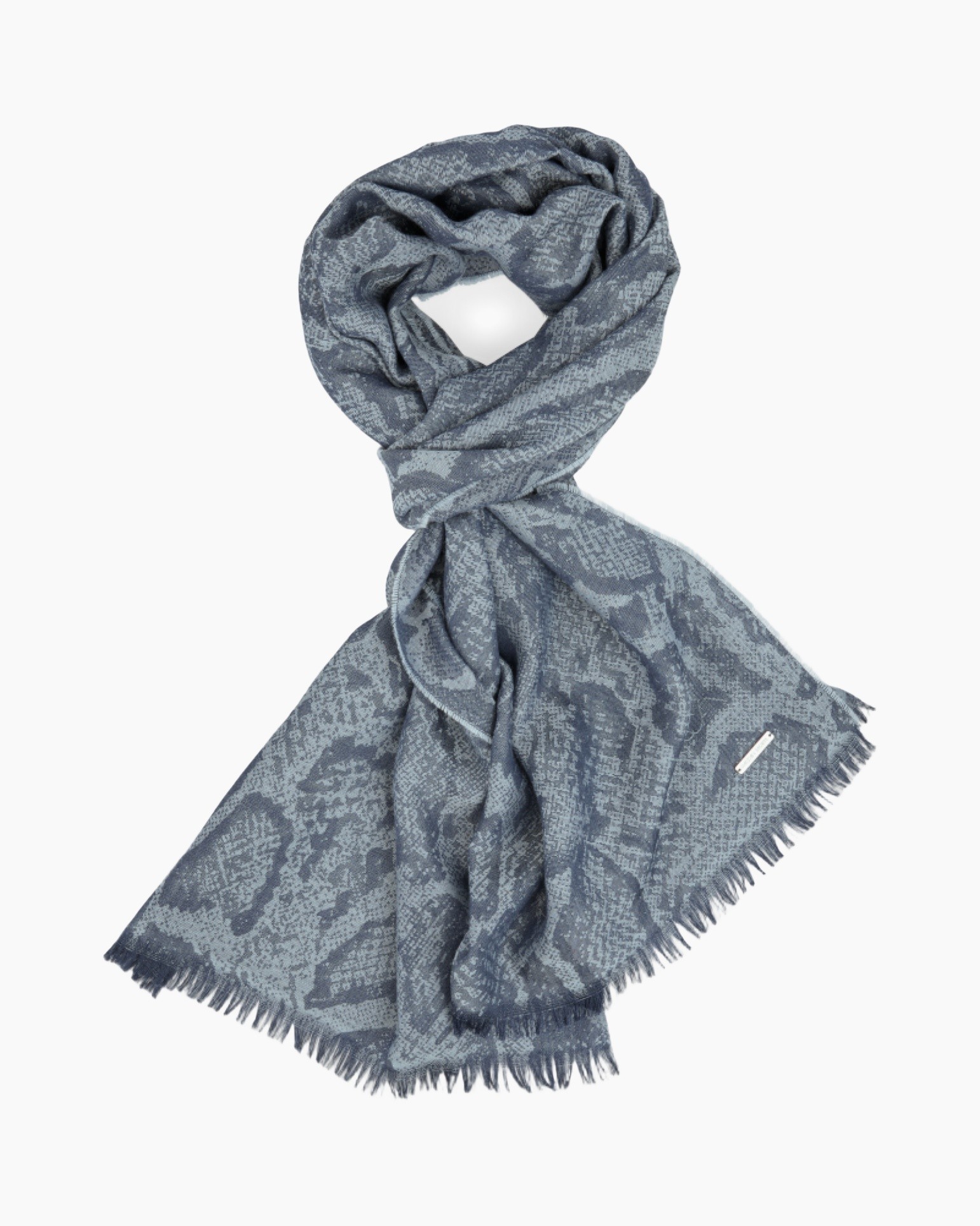 jas scarf, geweven patroon, blauw-grijze, franje, patroon