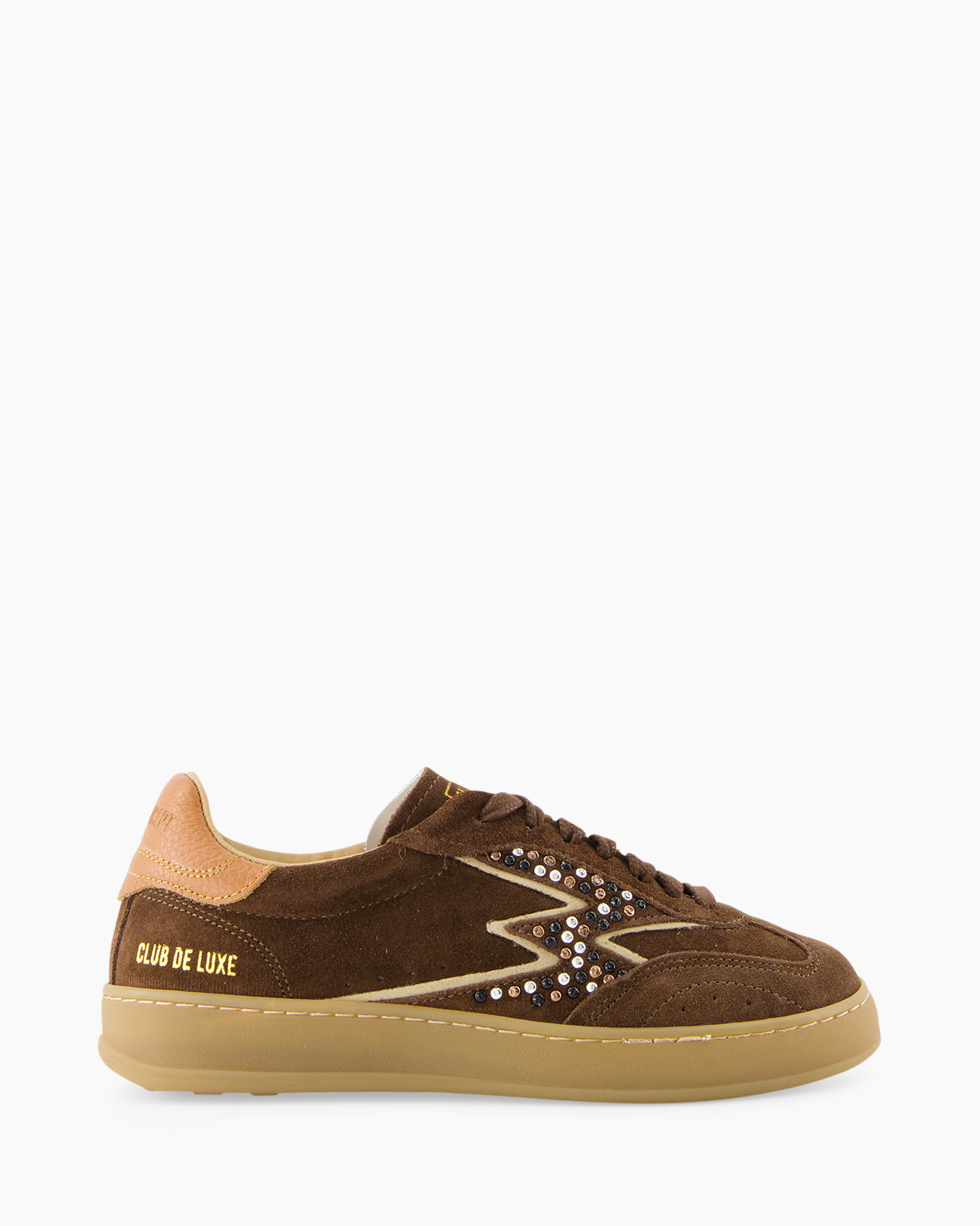 sneaker, bruin, suede, laag-top, versierd, glinster, kristallen, gum/sandkleurzool, sport, casual