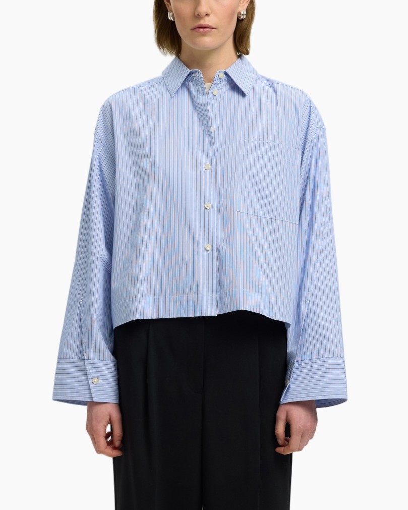 hemd met streep, blauw shirt, knopenkraag, oversized mouwen, kraag met kraag