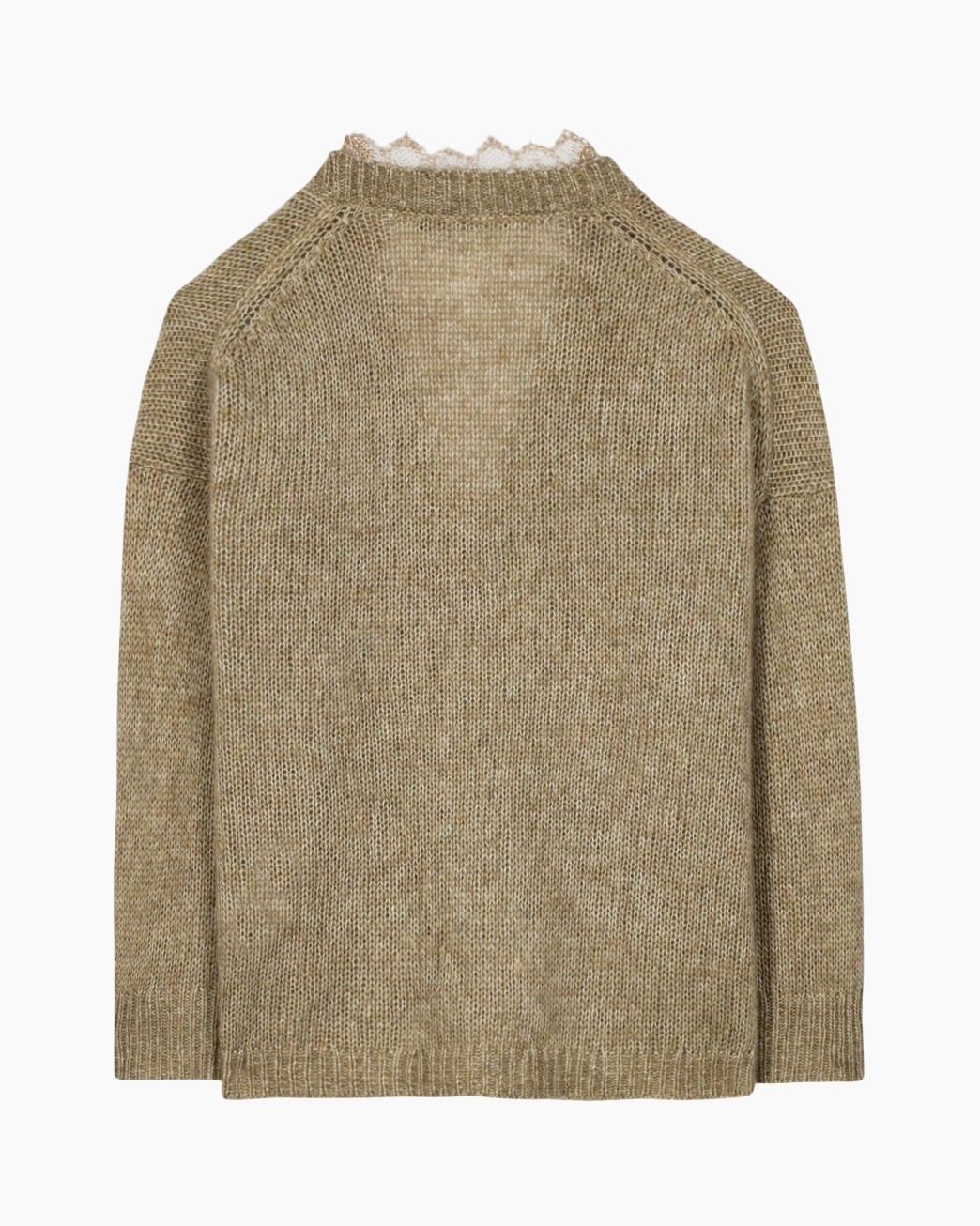 gebreide trui, beige, kraagloze hoge hals, los gebreide stof, lange mouwen