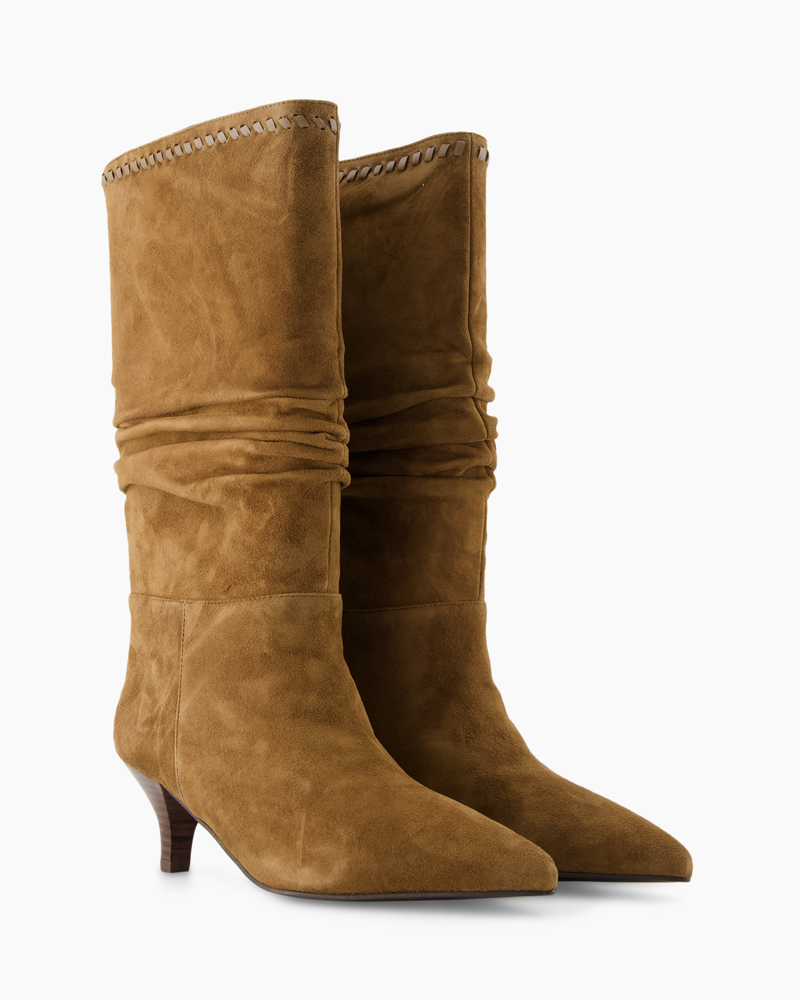 enkellaars, middenhak, suède, slouch boot, camelbruin