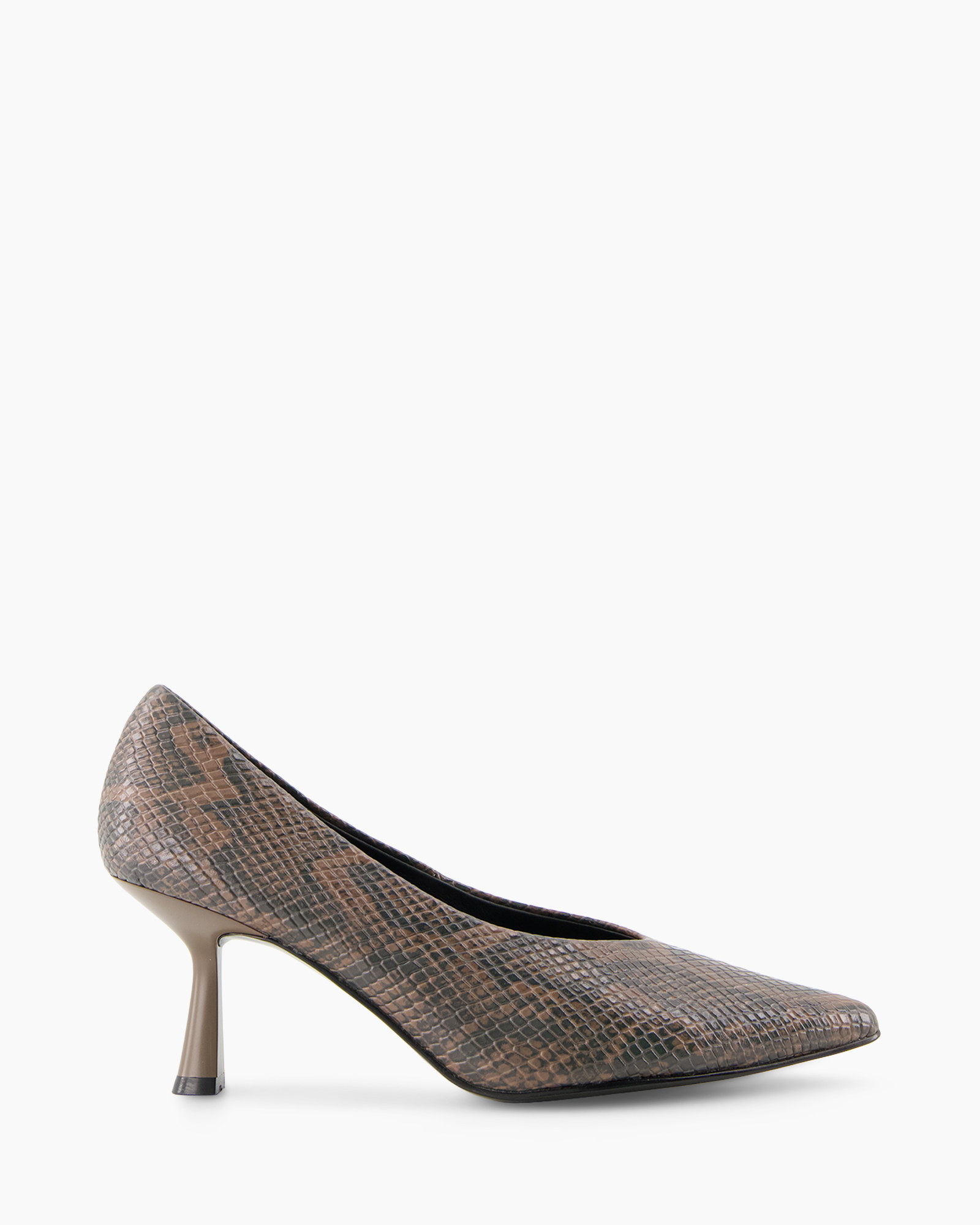 pumps, hiel, slangenhuid, bruin, puntige teen