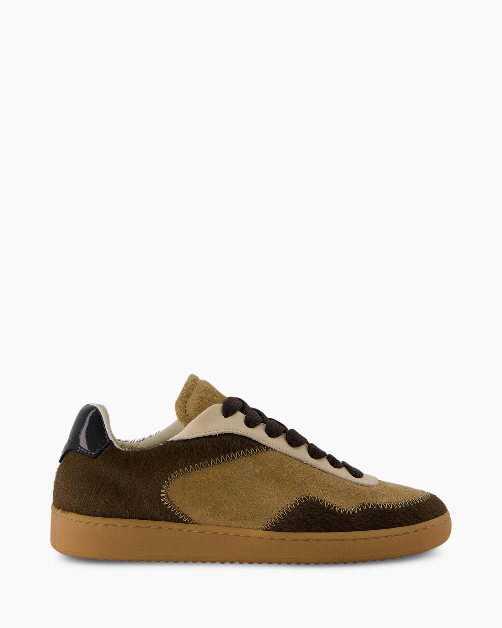 sneaker, schoen, bruin, suede, stiksel