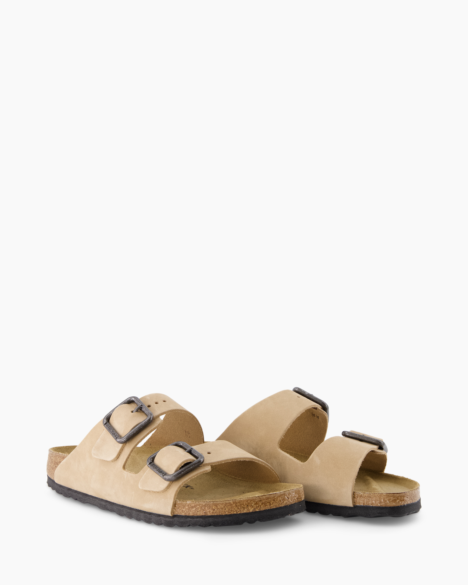 sandalen, twee bandjes, gesp, suède, korkzool