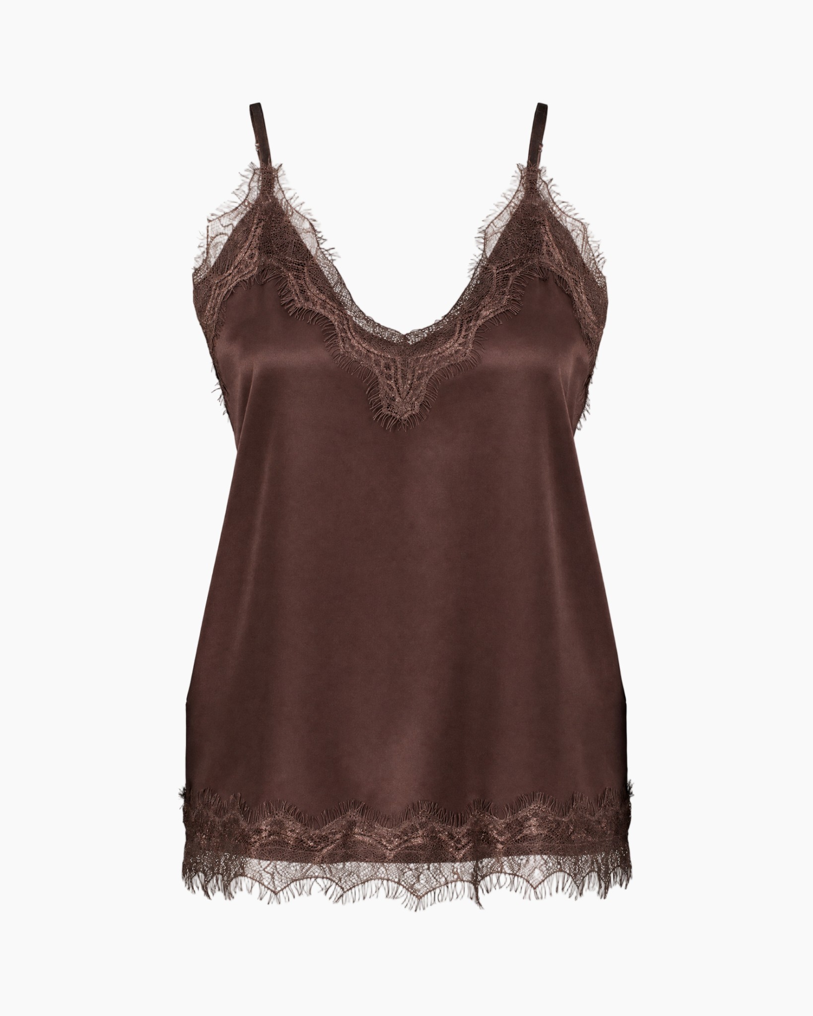 satijn top, slip, kantstrook, v-hals, bruin