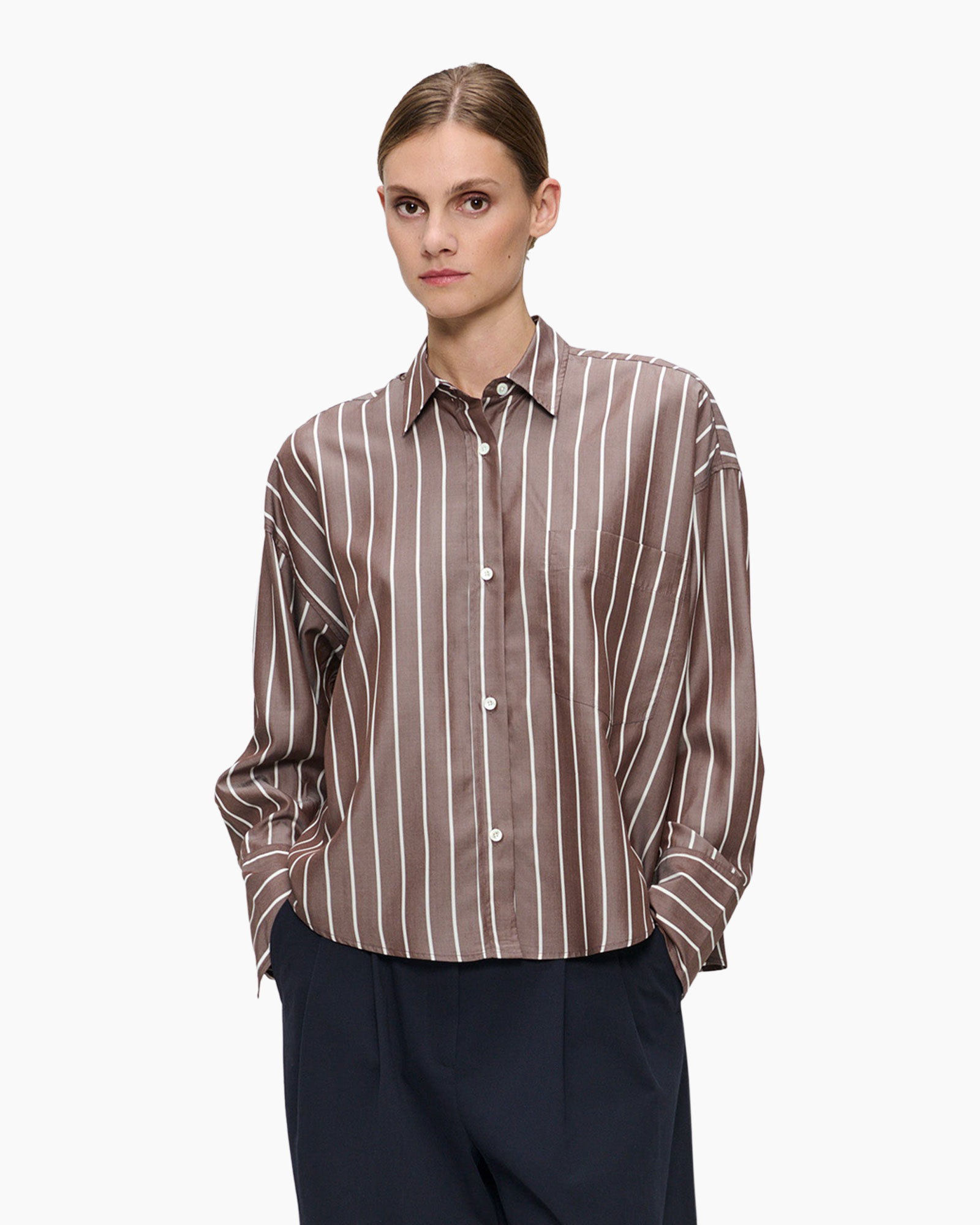 Blouse Tencel Stripe Boxy Donker Bruin