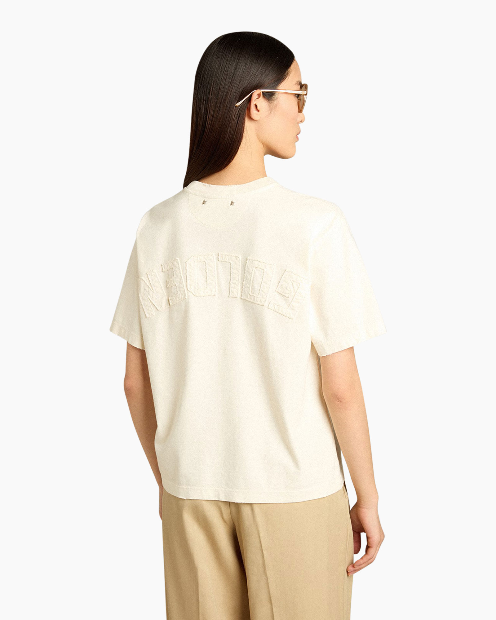 t-shirt, korte mouwen, rond hals, rugbedrukt, crème kleur