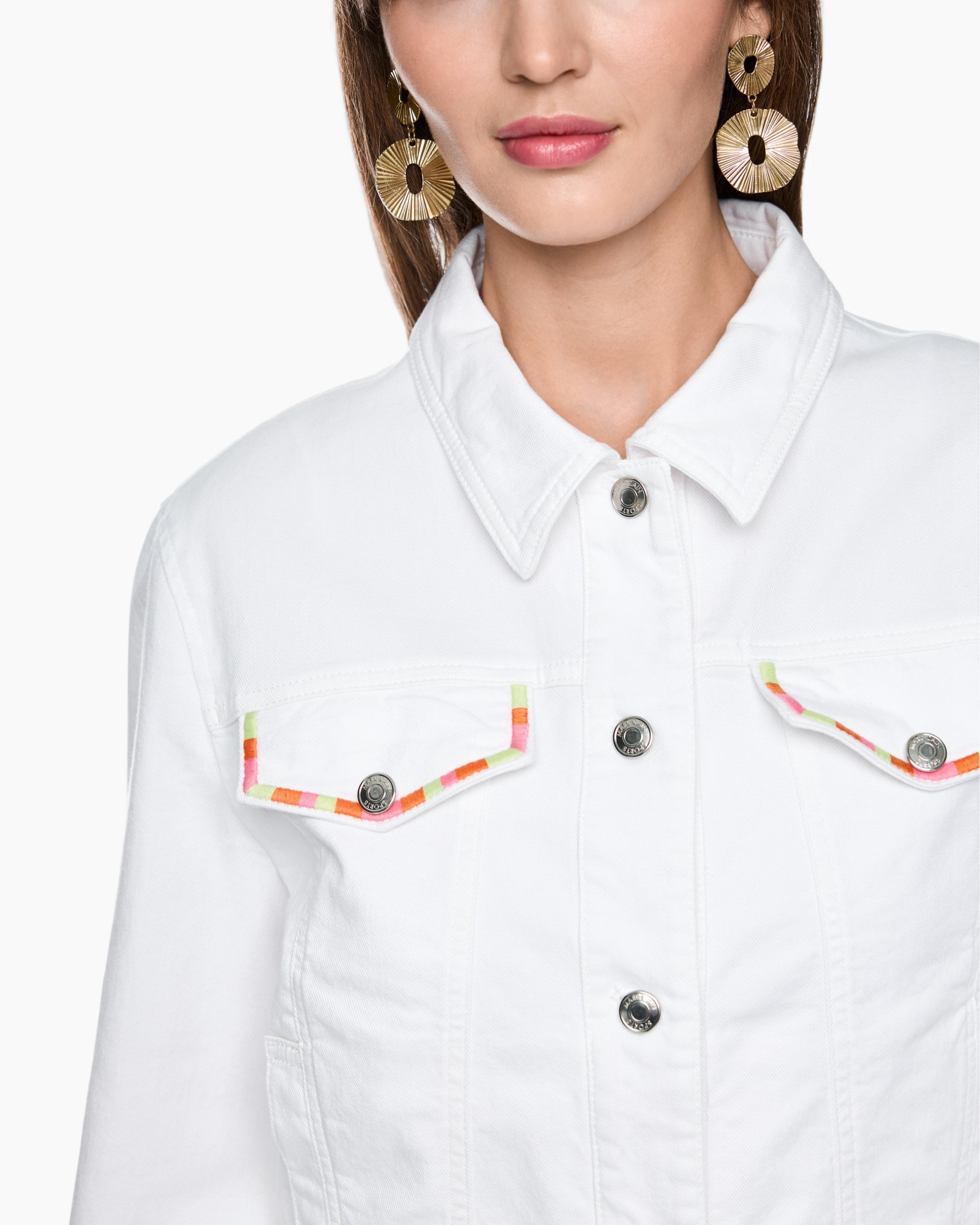 white jacket, denim-like, button front, pocket flap, multicolor trim, gold earrings