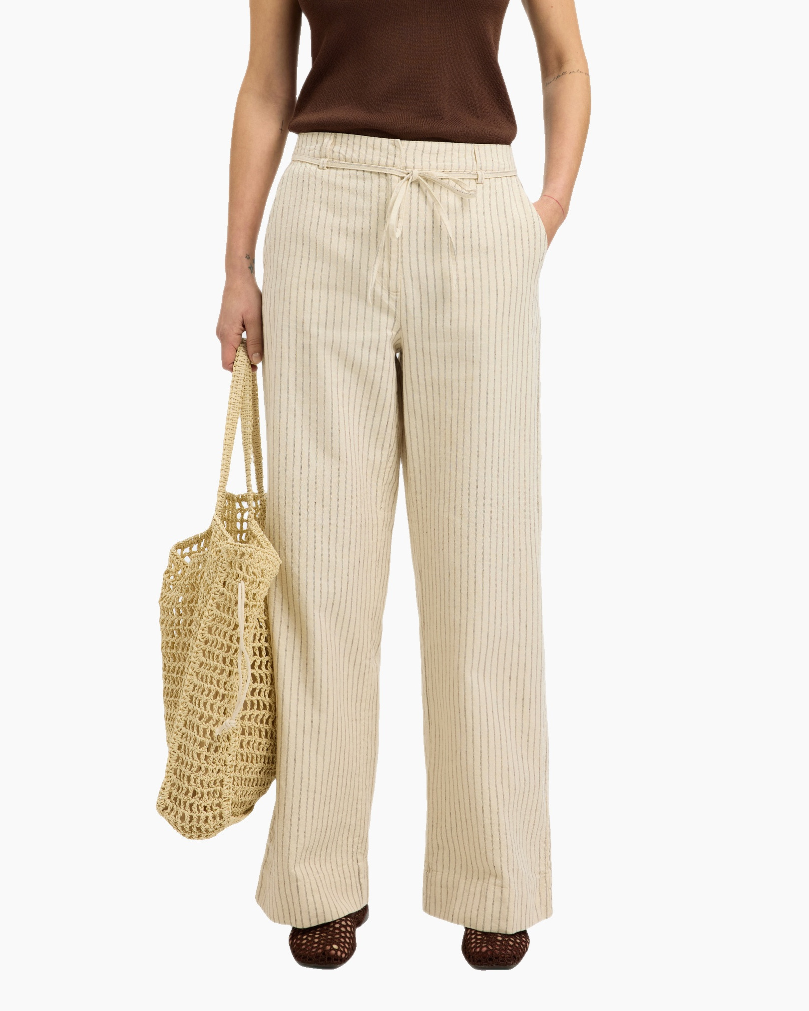 Broek Johanne Hw Striped Belted Long P Goud