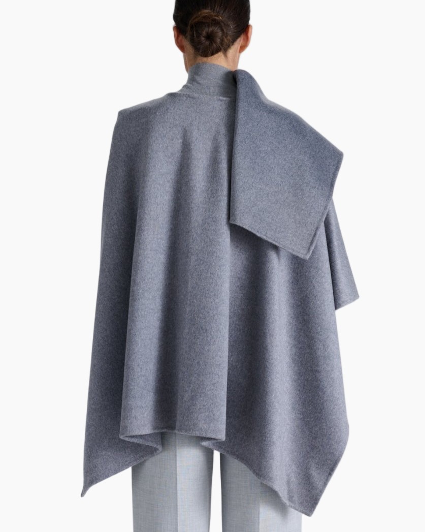 poncho, wolmix, grijs, asymmetrische zoom, gelaagd ontwerp