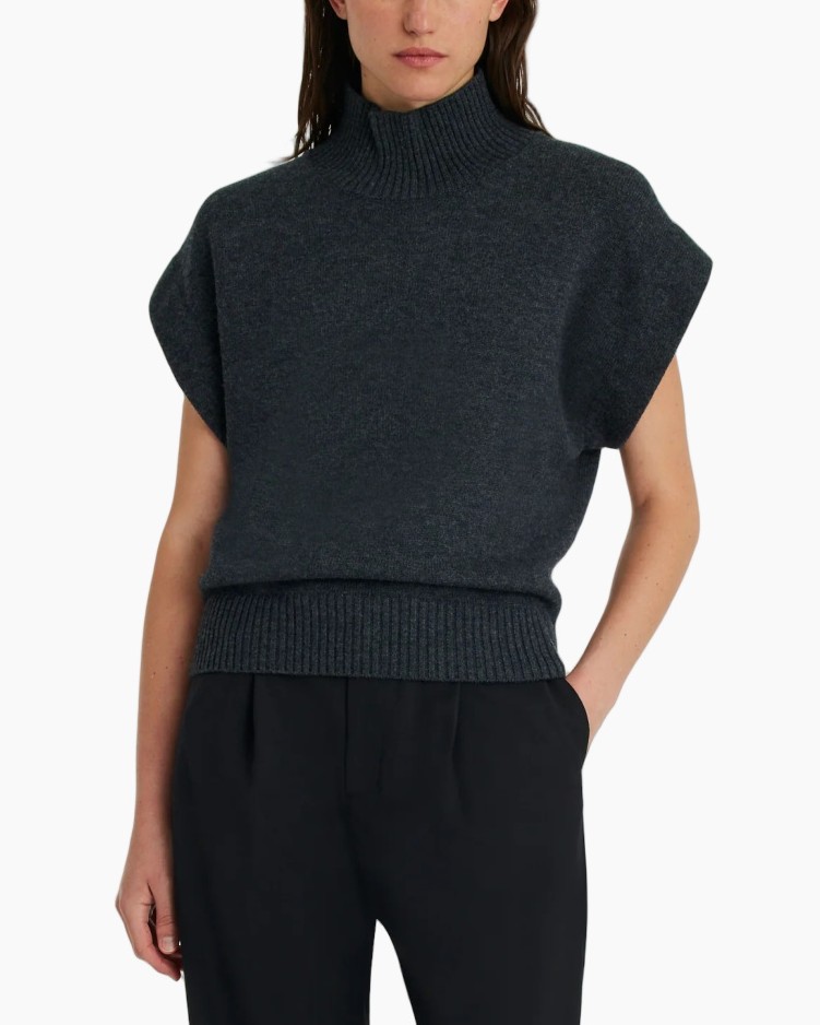 mouwloze trui, hoge hals, geribde afwerking, antracietgrijs, gebreide kleding