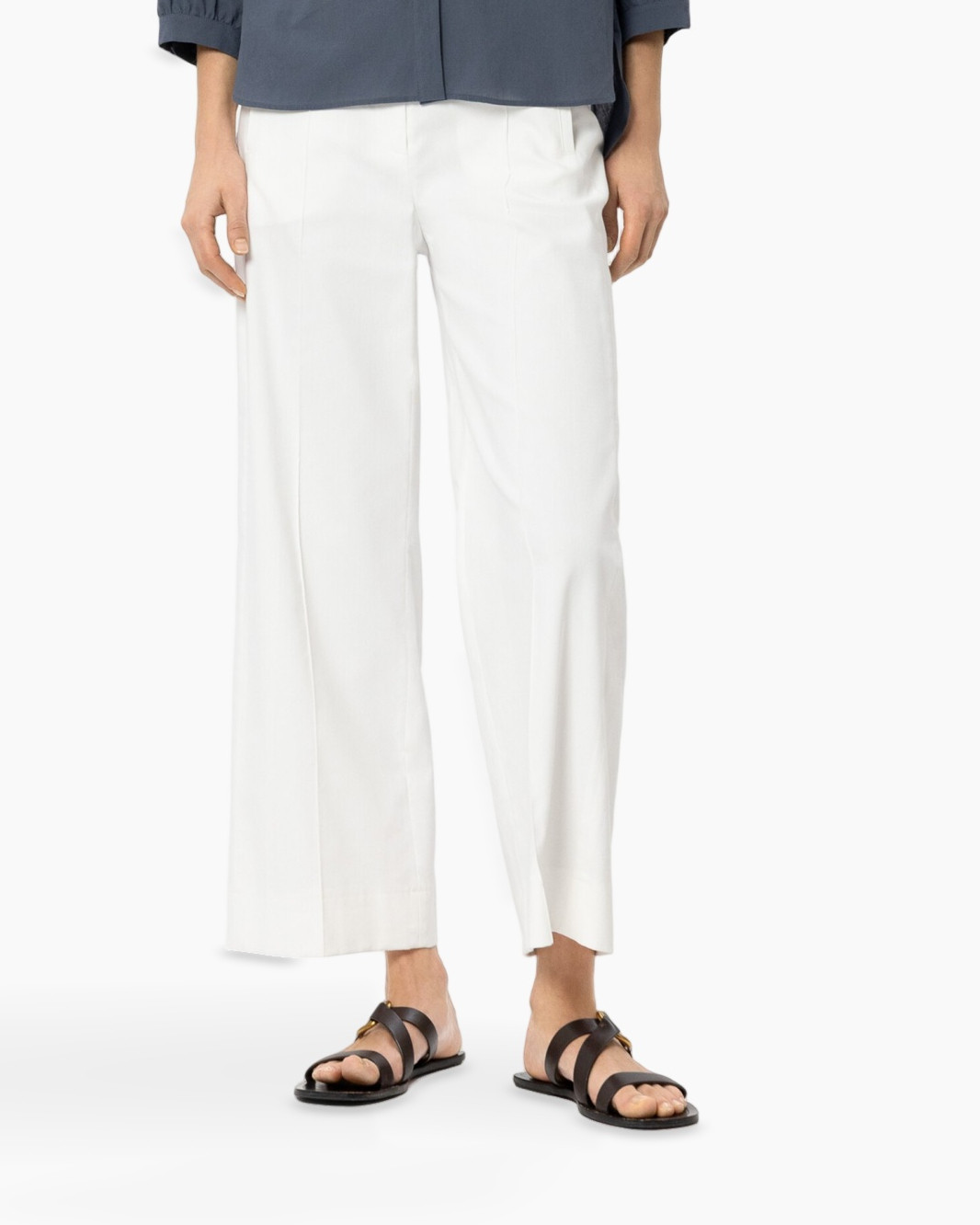 white pants, wide leg, cropped length?, sandals, navy top