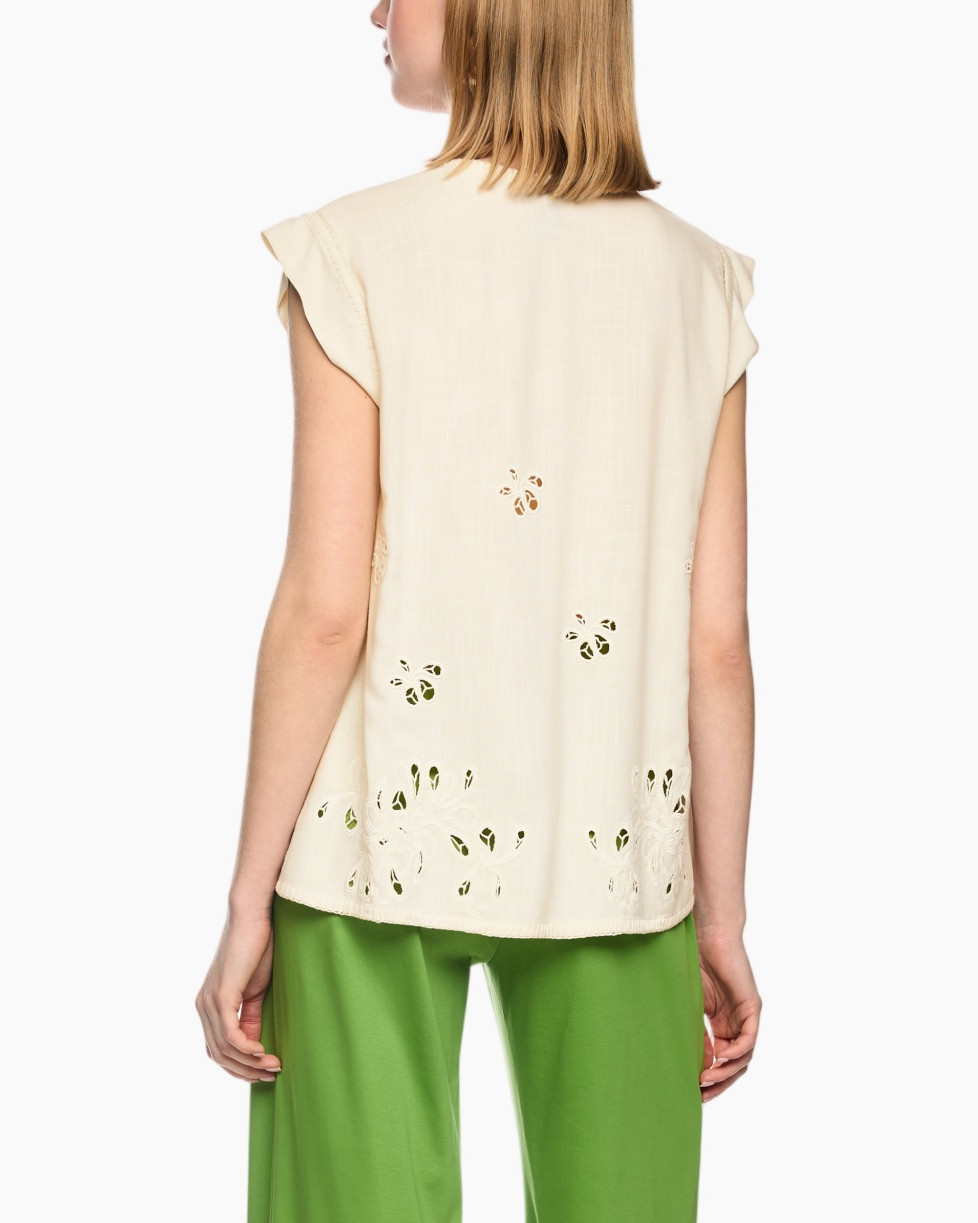 top, blouse, eyelet, korte mouwen, beige
