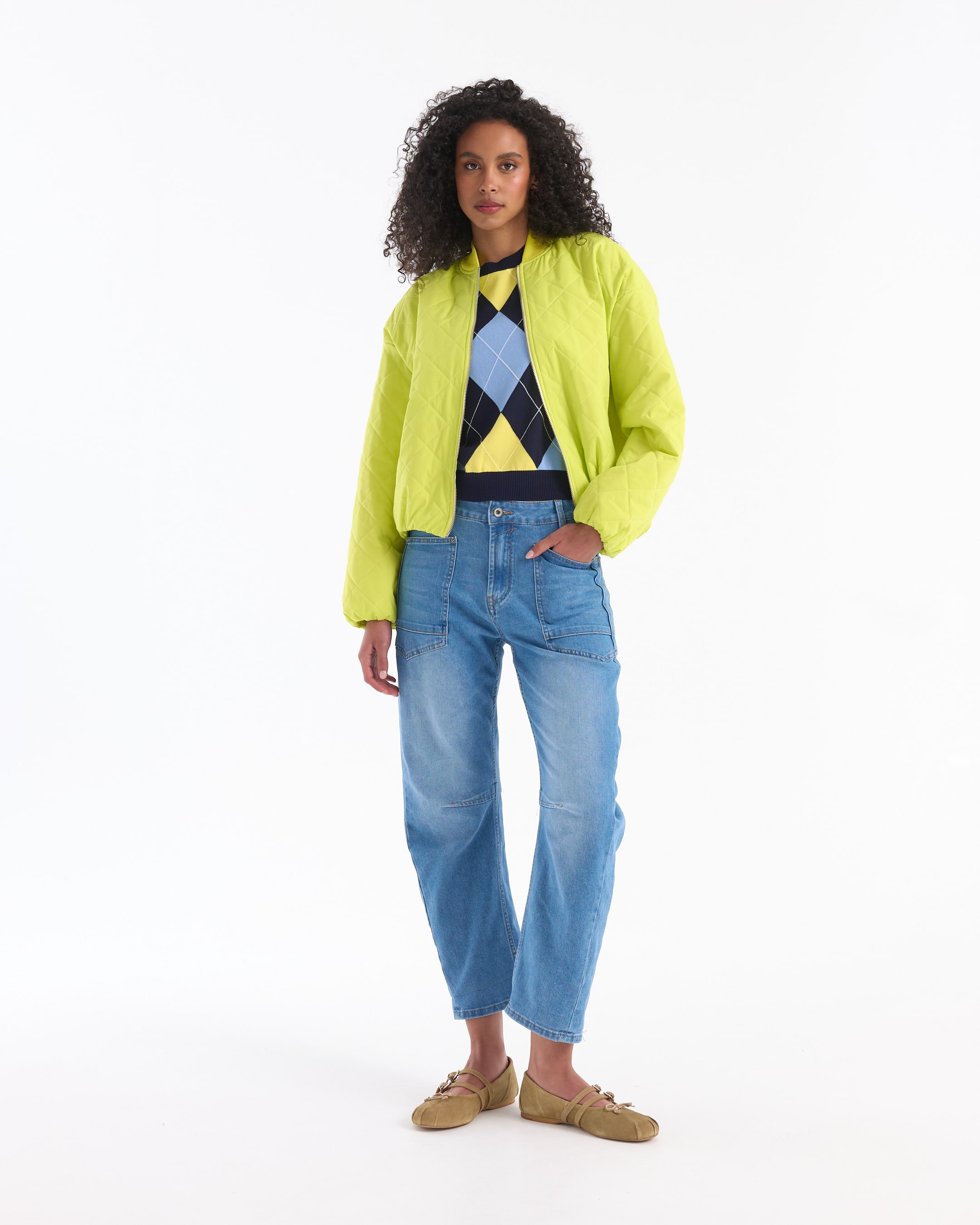 quilted jacket, puffer jacket, lime green,  Cinched waist?, bright color