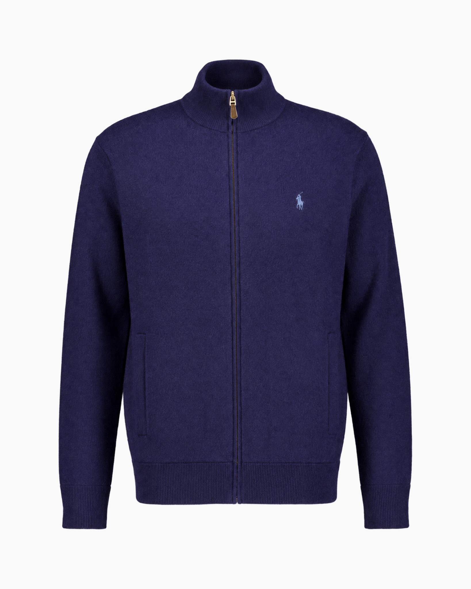 vest met rits, gebreid, opstaande kraag, marineblauw, lange mouwen