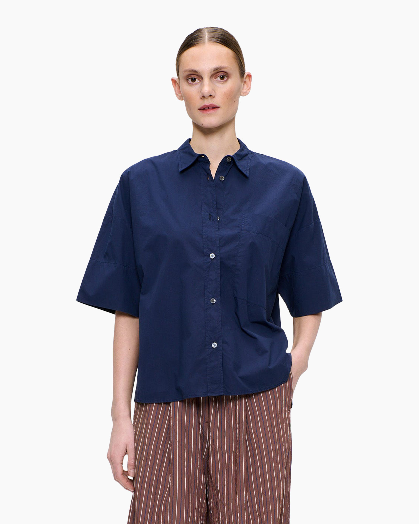 button-down, short-sleeve, navy, collared, shirt