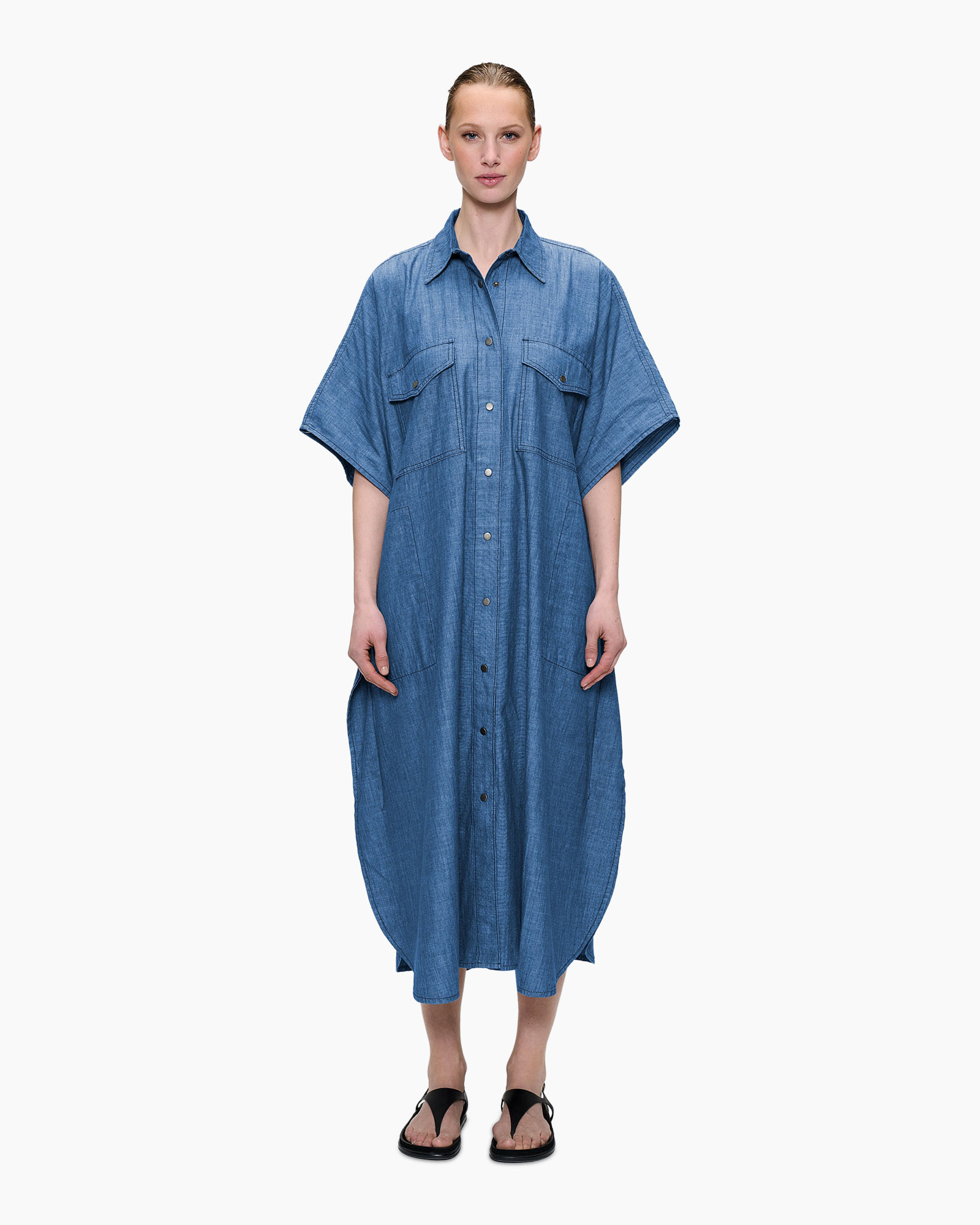 denim jurk, lange jurk, knopen voor, korte mouwen, kraagjurk