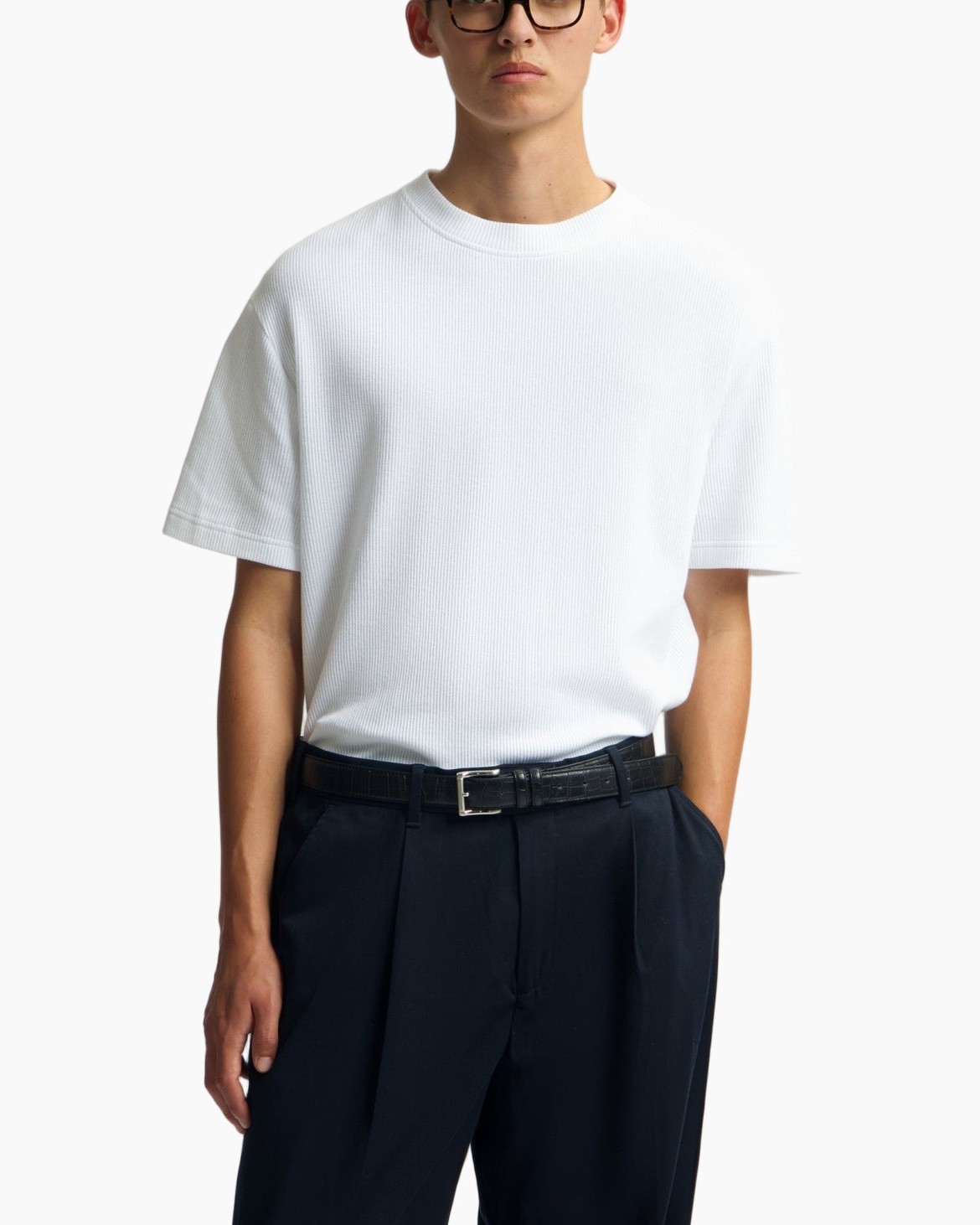 T-shirt, wit, korte mouwen, geribbelde textuur, casual