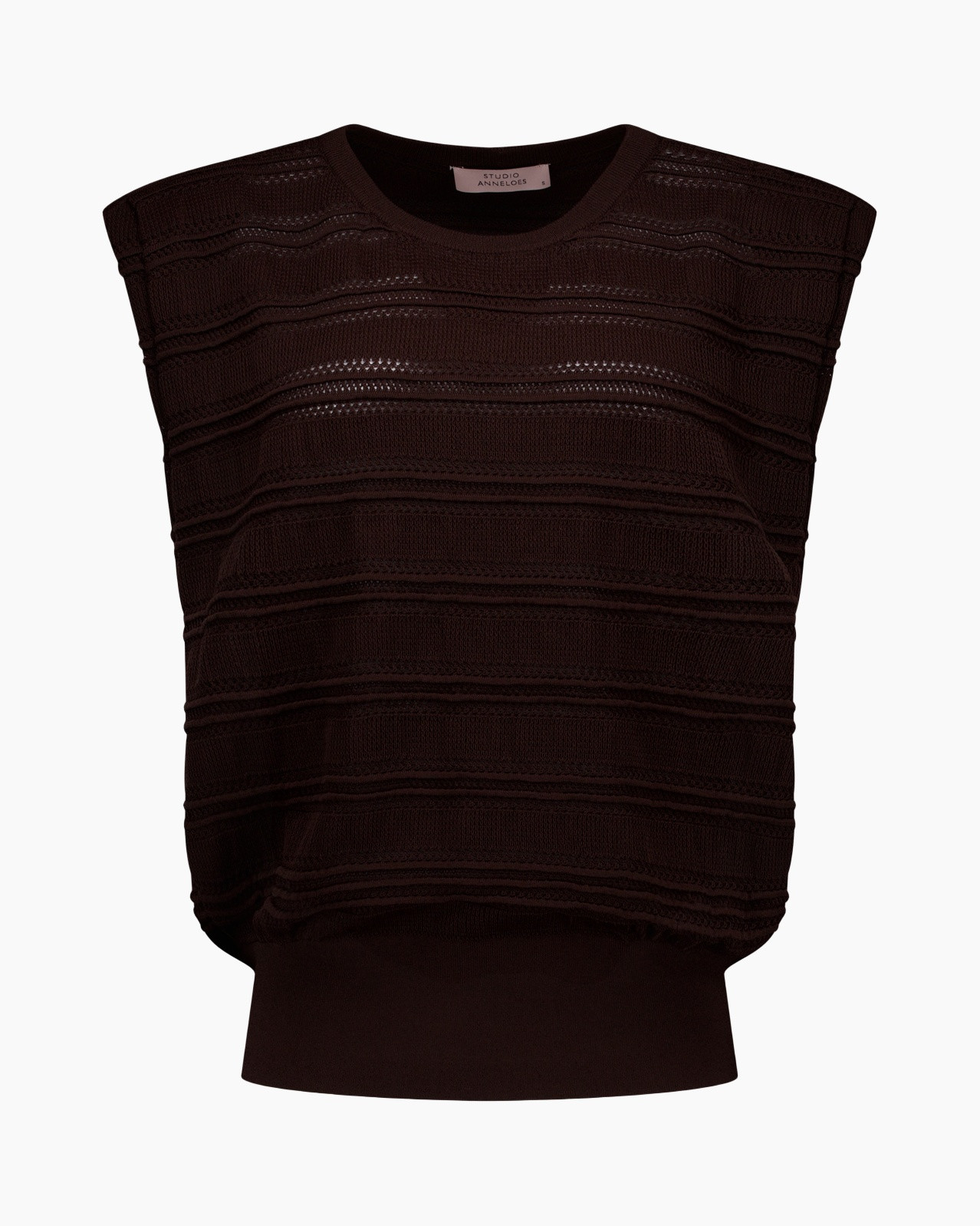 mouwloos, brei top, mesh strepen, donkerbruin, losvallend fit