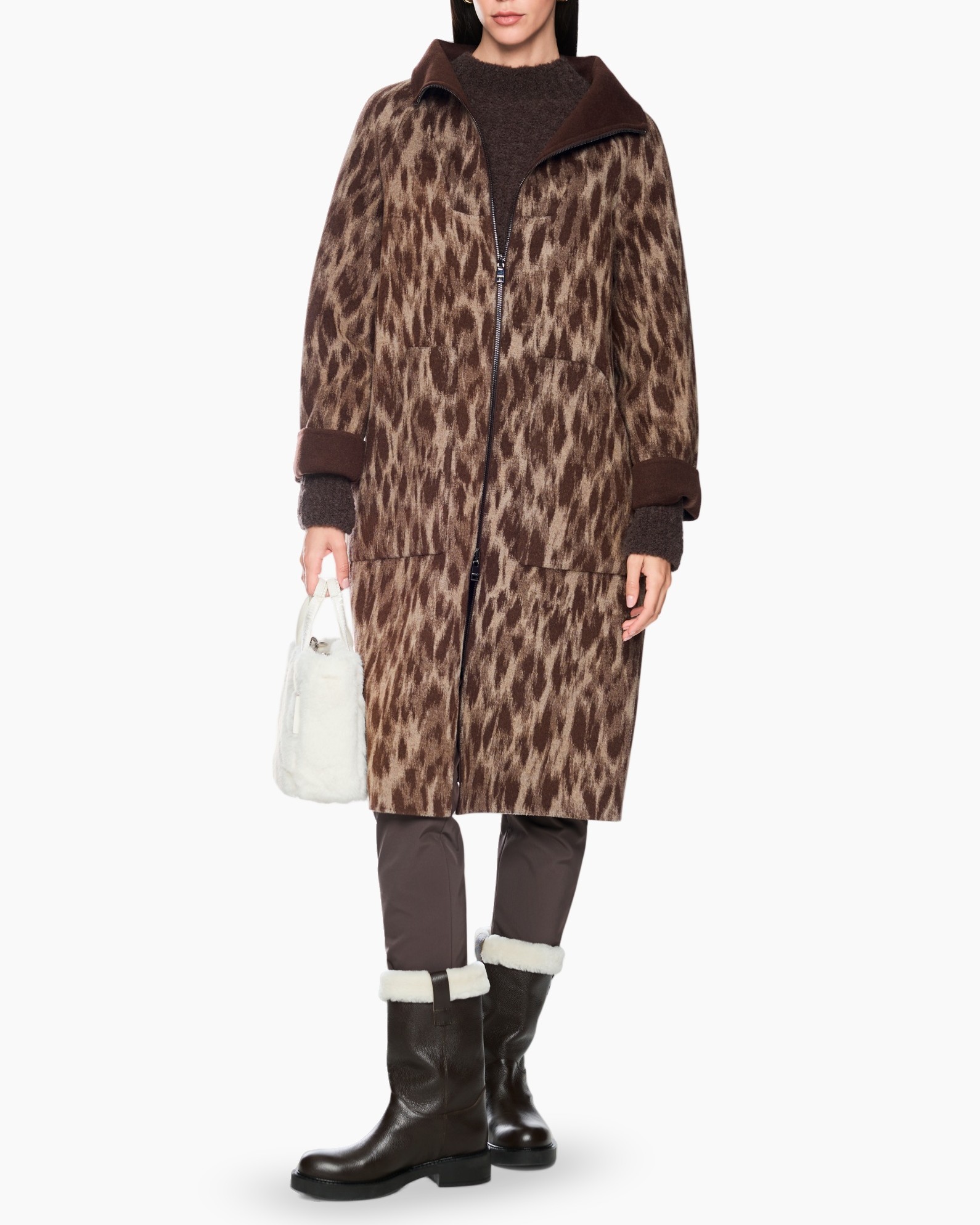 jas, leopardenprint, lange jas, bruin, rits