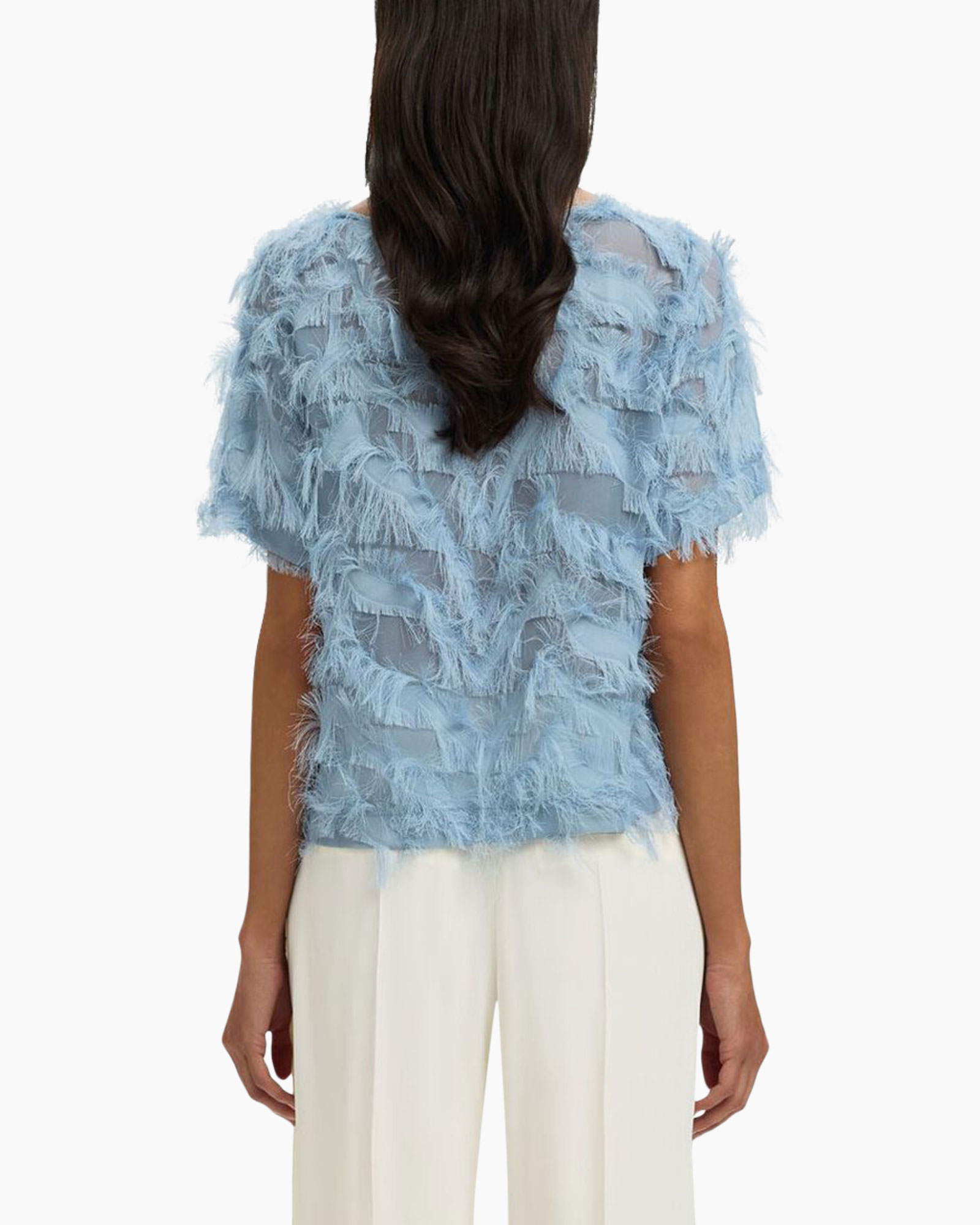 top,  feathered, blauw, korte mouw, textured
